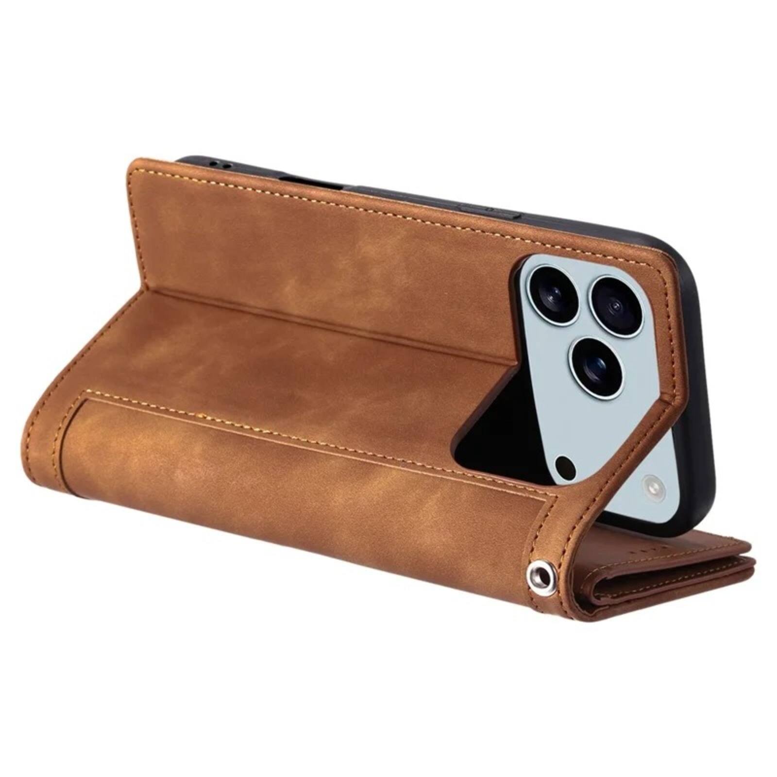 Alt View 2. UUCOVER - Magnetic Flip Wallet Case for Apple iPhone 17 Pro Max with Card Cash Slots, Zipper Pocket and Wrist Strap, Stand Cover - Brown.