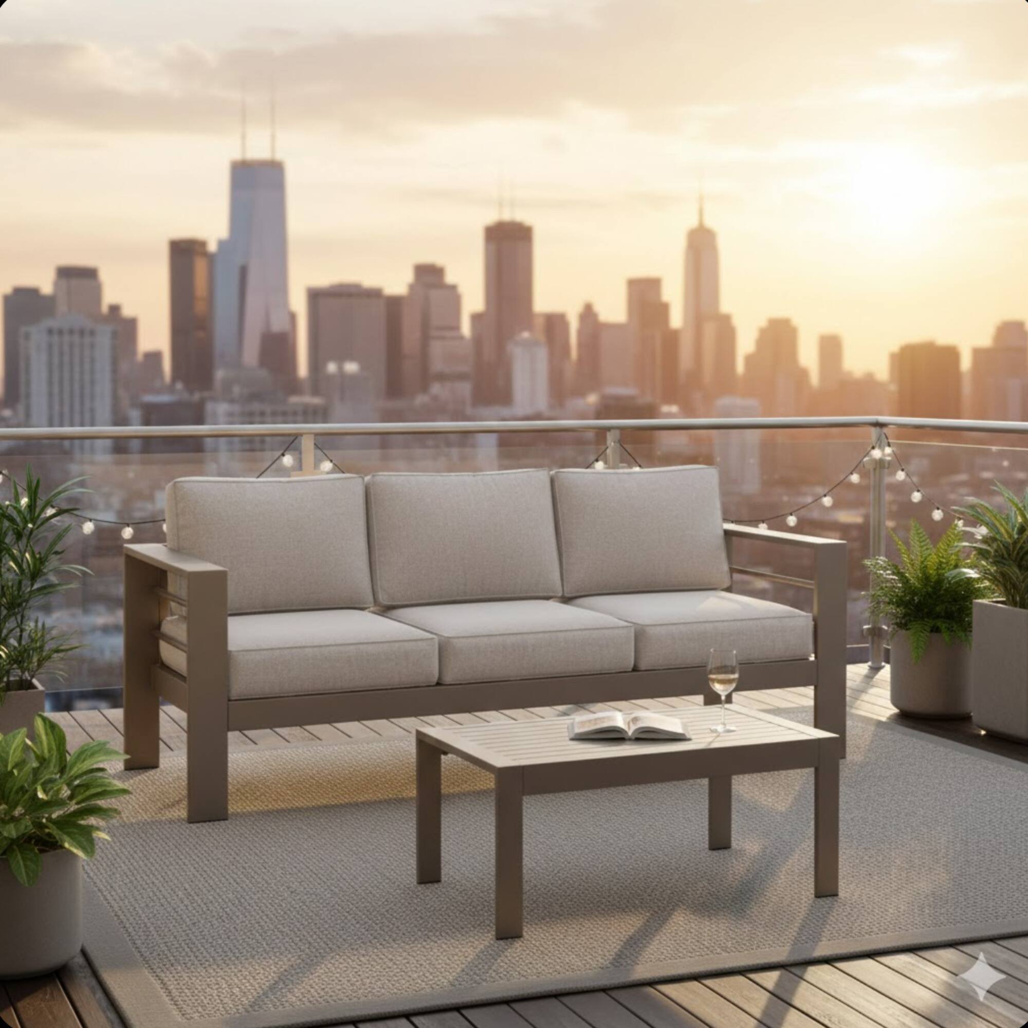 Angle. Mondawe - 2 Pieces Outdoor Patio Sofa Set with 75" 3-Seat Sofa and 43" Coffee Table - Light Khaki+Beige.