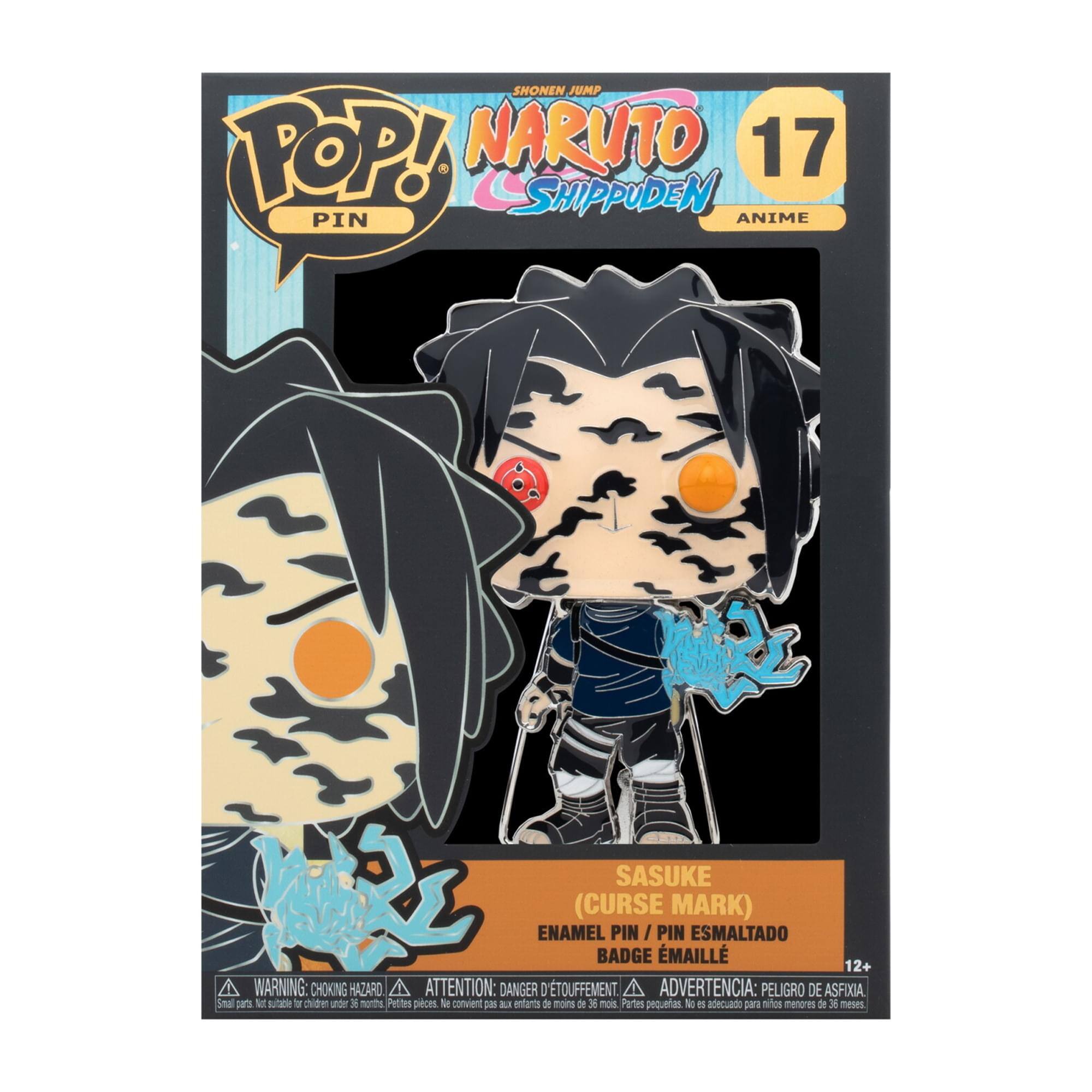 Sure, here is the corrected and grouped text from the image:

---

**SHONEN JUMP POP! NARUTO 17 SHIPPUDEN PIN ANIME**

**SASUKE (CURSE MARK)**

**ENAMEL PIN / PIN ESMALTADO BADGE ÉMAILLE**

**WARNING: CHOKING HAZARD ATTENTION: DANGER D'ETOUFFEMENT ADVERTENCIA: PELIGRO DE ASFIXIA**

**Sta pars sua Ty chitren der monthe Pettes pieces M convient P k enfans de mome dR I mois Partes pequetias N n adecuado Daa nides menores de 3 meses**

**12+**

---

This text includes the product name, character name, type of pin, and safety warnings.
