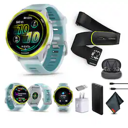 Garmin - Forerunner 570 – 47MM, Amp Yellow Aluminum with Translucent Whitestone/Turquoise Band , Air Pro TWS EarBuds - Yellow - (2025)