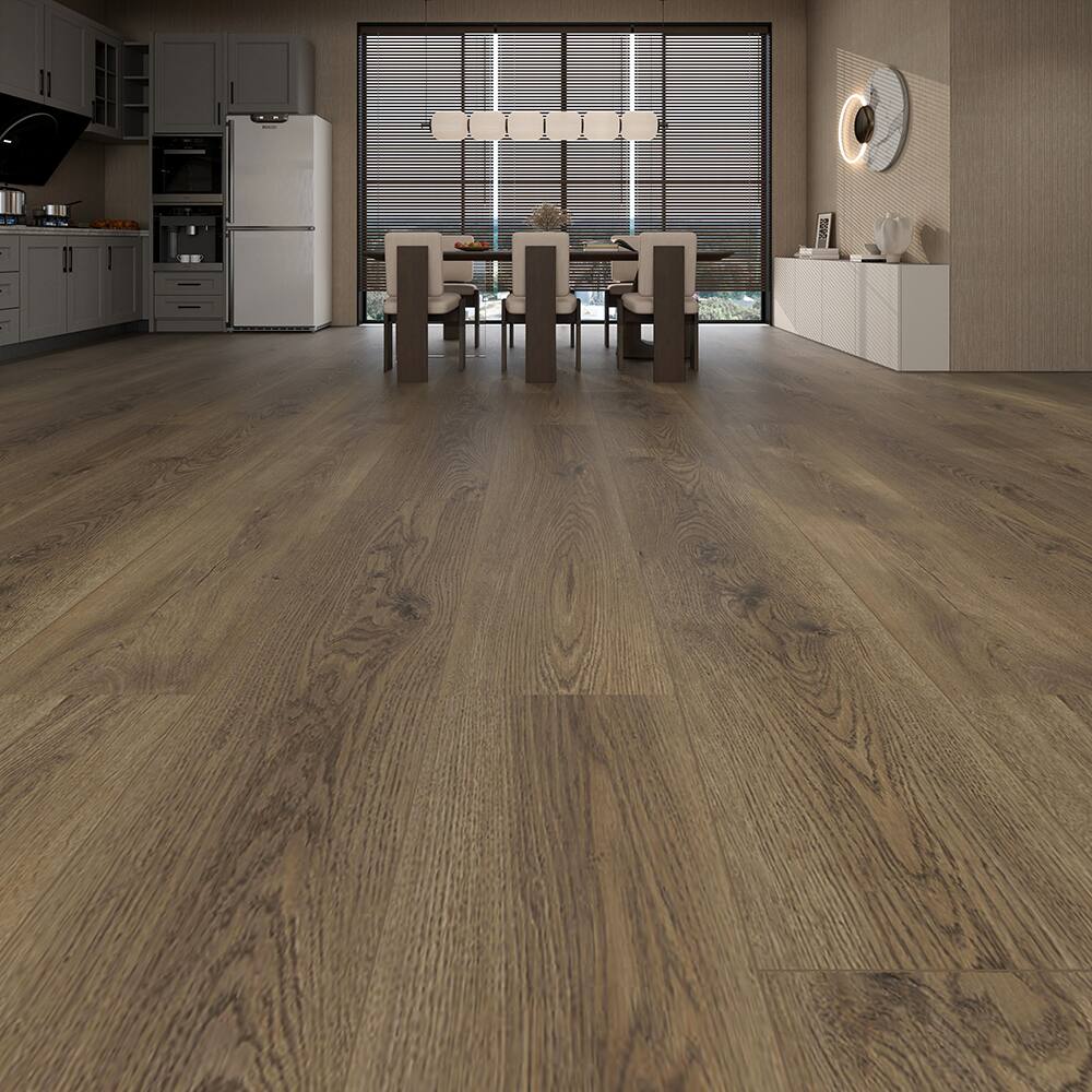 Left. Dotfloor - 62.6"x9" SPC Composite Flooring; 5 Planks/Box (19.56 sq. ft/Box); 8mm Thick with ; 30 mil Wear Layer; - Shabby Cream.