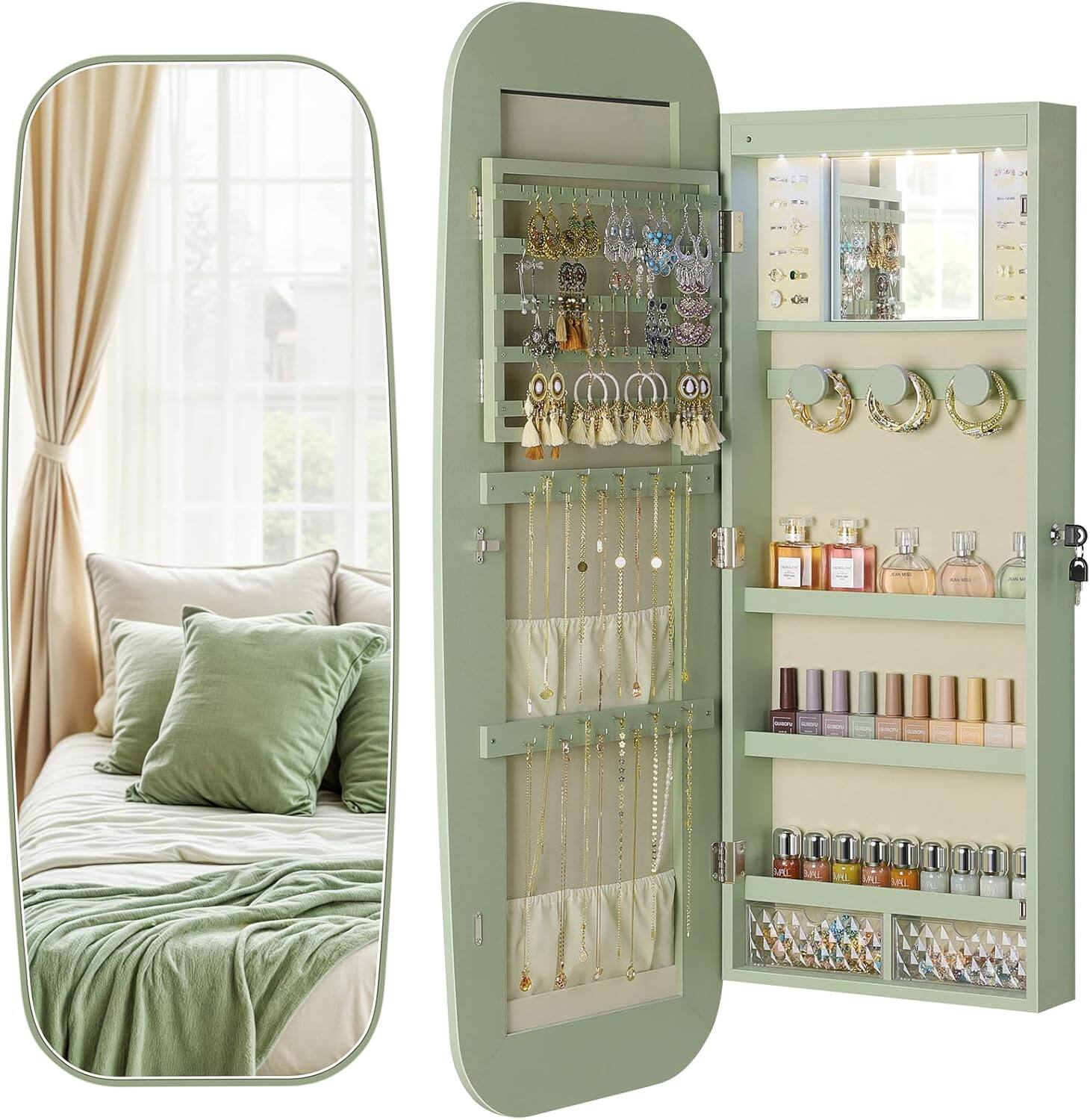 Stamp n Camp - Nicetree LED Mirror Jewelry Cabinet, Rounded Jewelry Armoire Organizer, Wall or Door Mounted Jewelry Organizer with - Green