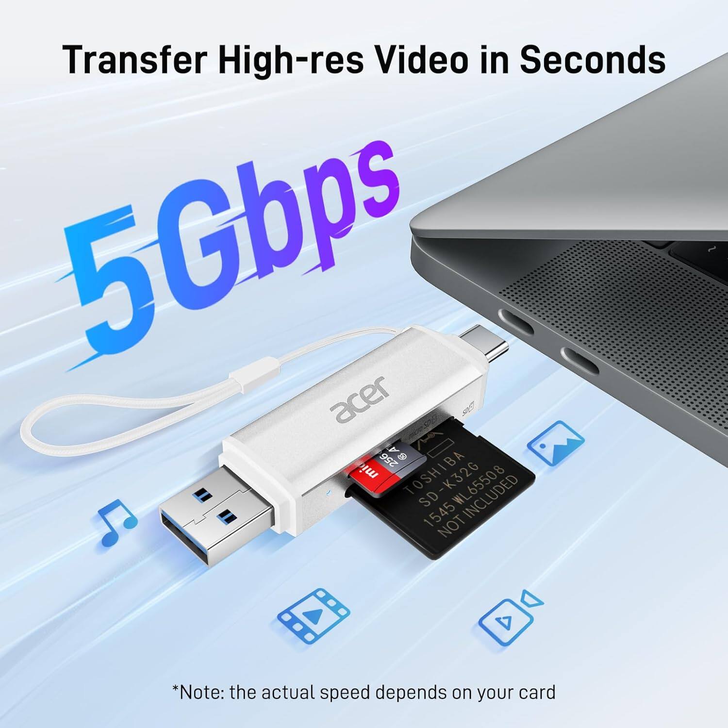 Transfer High-res Video in Seconds  
5Gbps  

*Note: the actual speed depends on your card