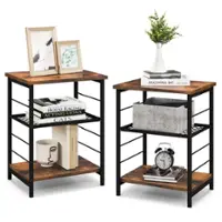 Costway 2 PCS 3-Tier Side End Table with Adjustable Mesh Shelf Narrow Nightstand - Rustic Brown - Front_Zoom