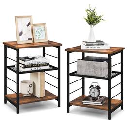 Costway - 2 PCS 3-Tier Side End Table with Adjustable Mesh Shelf Narrow Nightstand - Rustic Brown