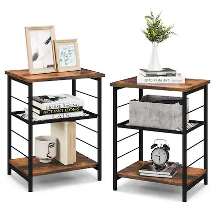 The image features two black metal shelves with various items on them. On one shelf, there is a clock, a cup, a book, and a vase. On the other shelf, there is a book, a vase, a cup, and a clock. The items are arranged neatly, creating an organized and visually appealing display.