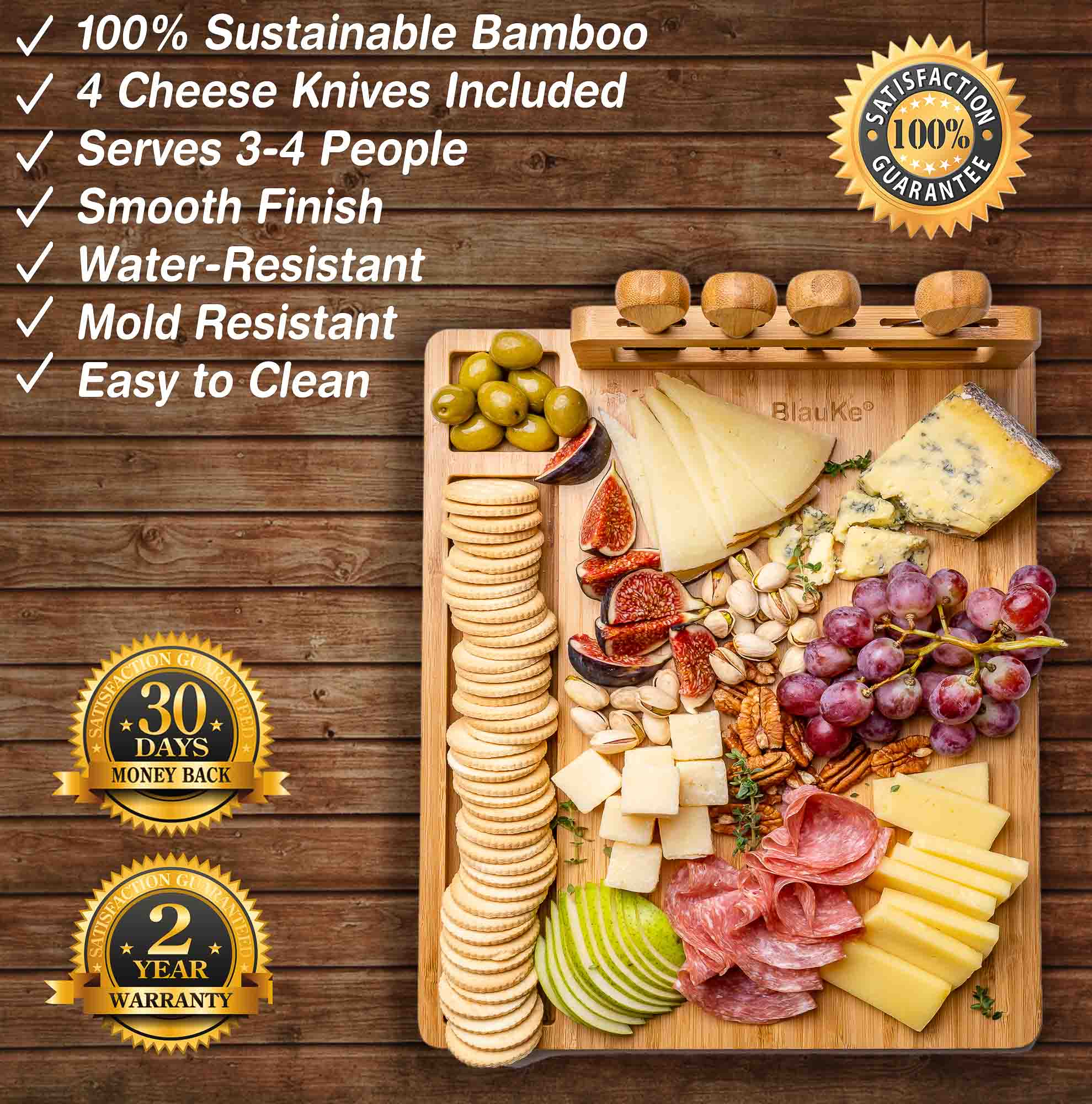 100% Sustainable Bamboo, 4 Cheese Knives Included, Serves 3-4 People, Smooth Finish, Water-Resistant, Mold Resistant, Easy to Clean, 100% Satisfaction Guarantee, 30 Days Money Back, 2 Year Warranty