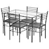 Front. Costway - 5 Piece Dining Set Glass Top Table & 4 Upholstered Chairs Kitchen Room Furniture - Black.