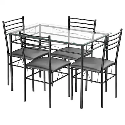 Front. Costway - 5 Piece Dining Set Glass Top Table & 4 Upholstered Chairs Kitchen Room Furniture - Black.