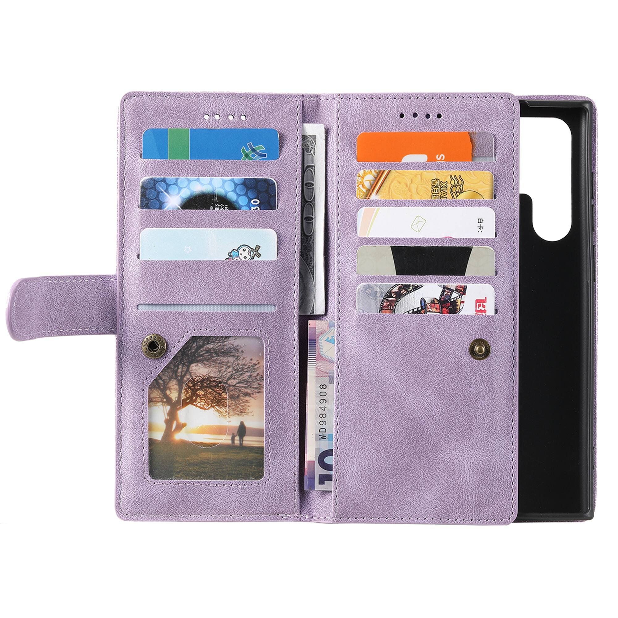 Angle. Dteck - Multi-Functional Wallet Case for Samsung Galaxy A37 5G, 9 Card Slots Zipper Pocket Stand Premium Leather Cover+Strap - Purple.