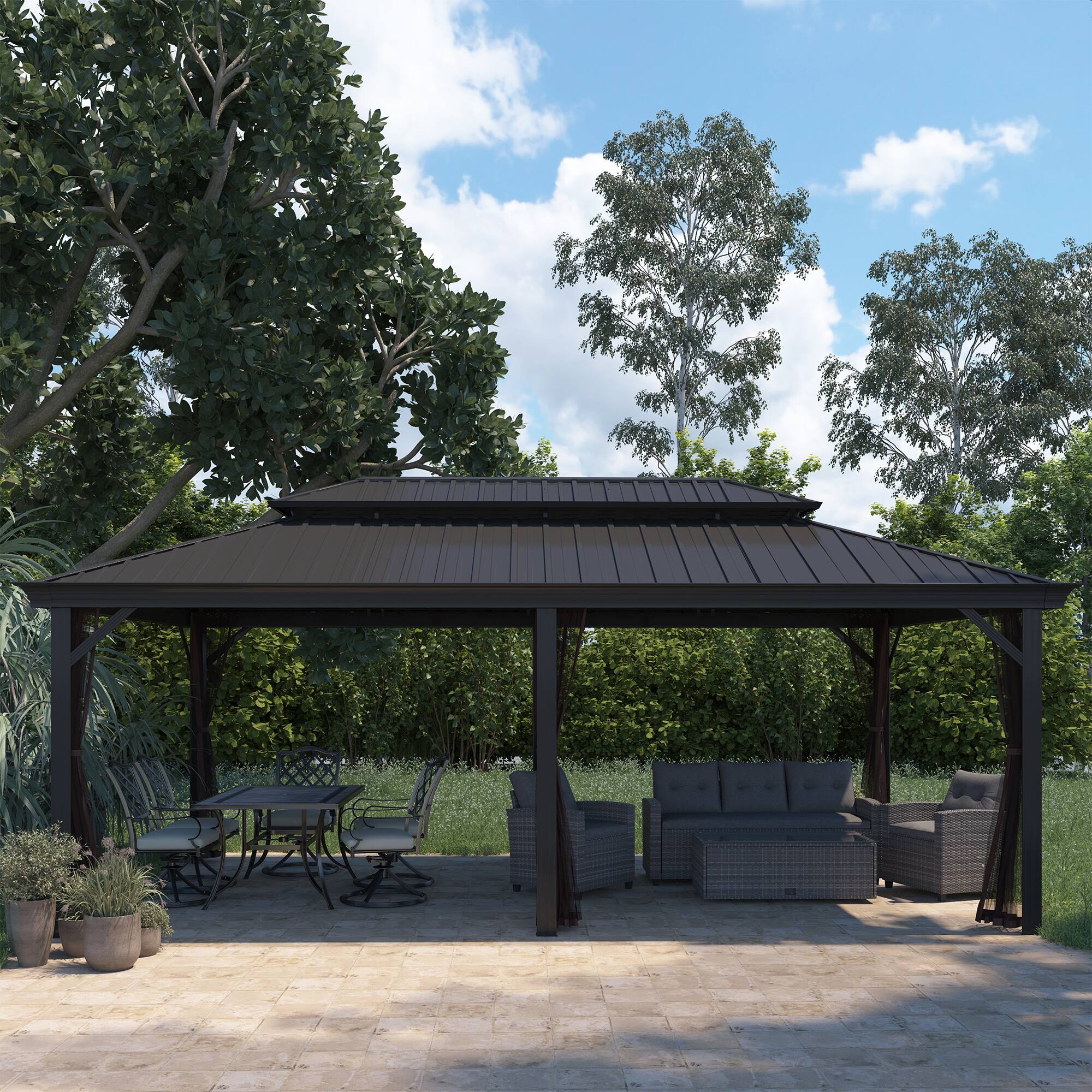 Left. Mondawe - 12x20Ft Hardtop Gazebo with Iron Double Roof Aluminum Frame and Nettings - Black+Brown.