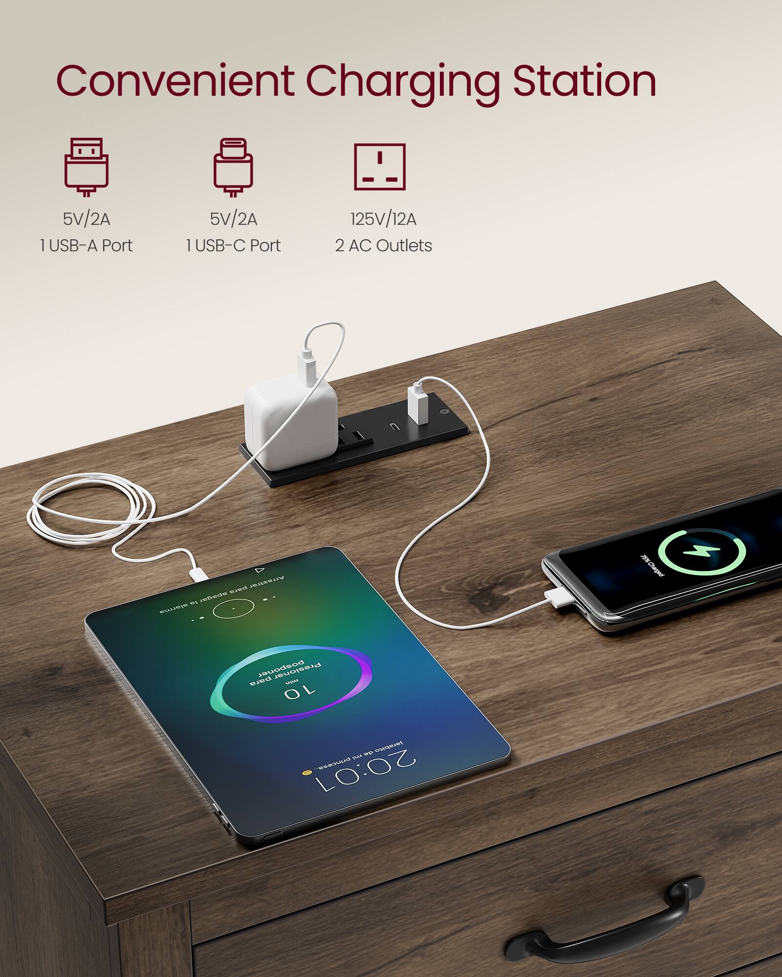 Convenient Charging Station  
5V/2A I USB-A Port  
5V/2A I USB-C Port  
125V/12A 2 AC Outlets