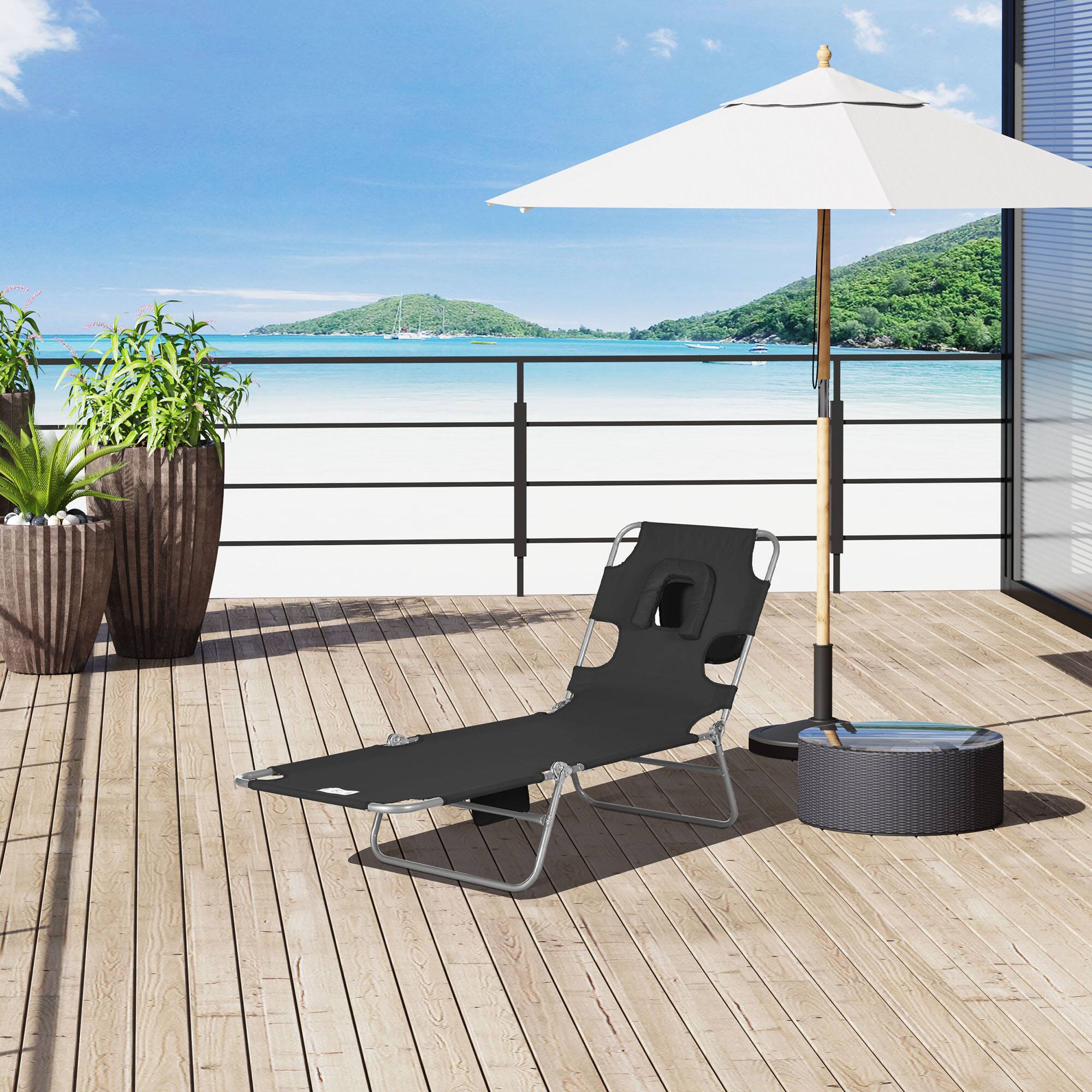 Alt View 1. Outsunny - Chair with Face Hole, 5-Level Adjustable Outdoor Chaise Lounge Chair with Pillow for Beach - Black.