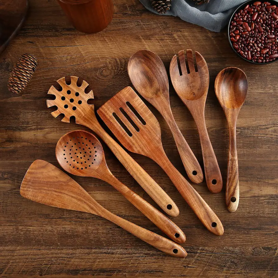 Utelsels Dazzed Corner 7 Pcs Wooden Kitchen Cooking Utensils with Hanging Hooks ...