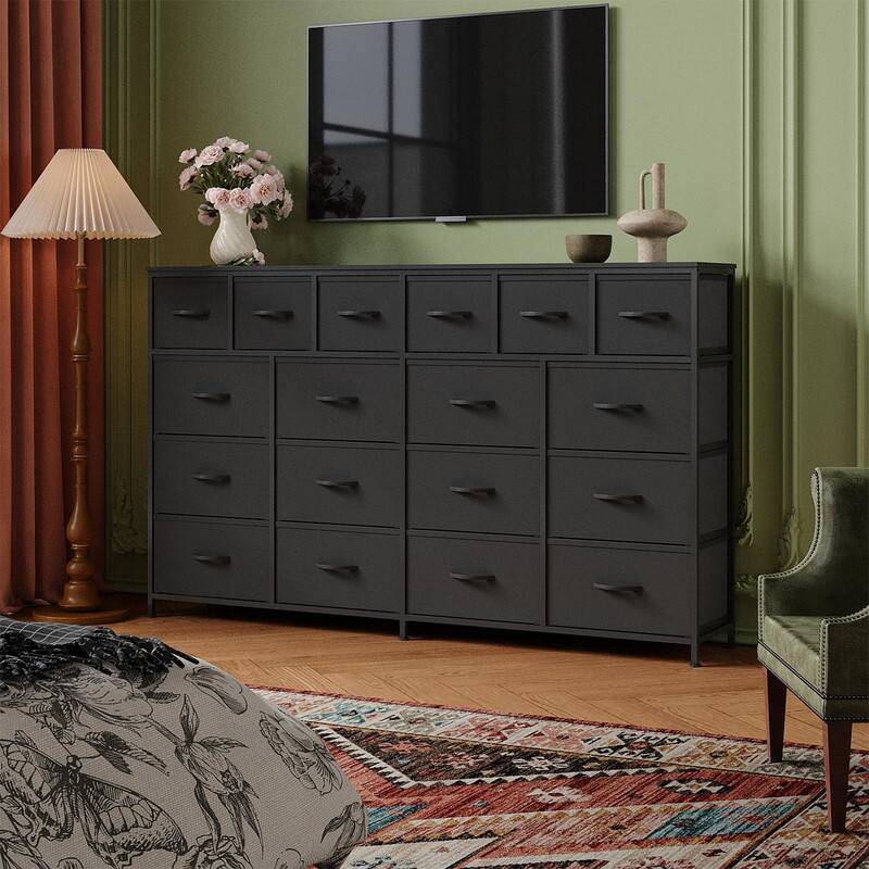 Left. GARVEE - Extra Large Dresser with 18 Drawers, Charging Station, TV Stand, Steel Frame, Wood Top, Bedroom Organizer, Black - Black.