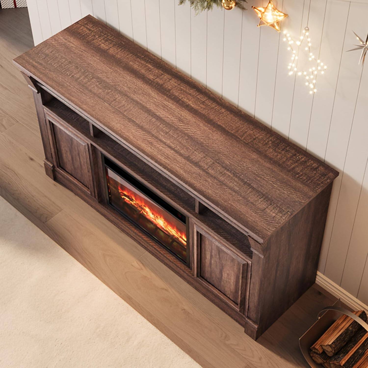 Left. GARVEE - Garvee Farmhouse Fireplace TV Stand - Entertainment Center, Open Storage - Brown.