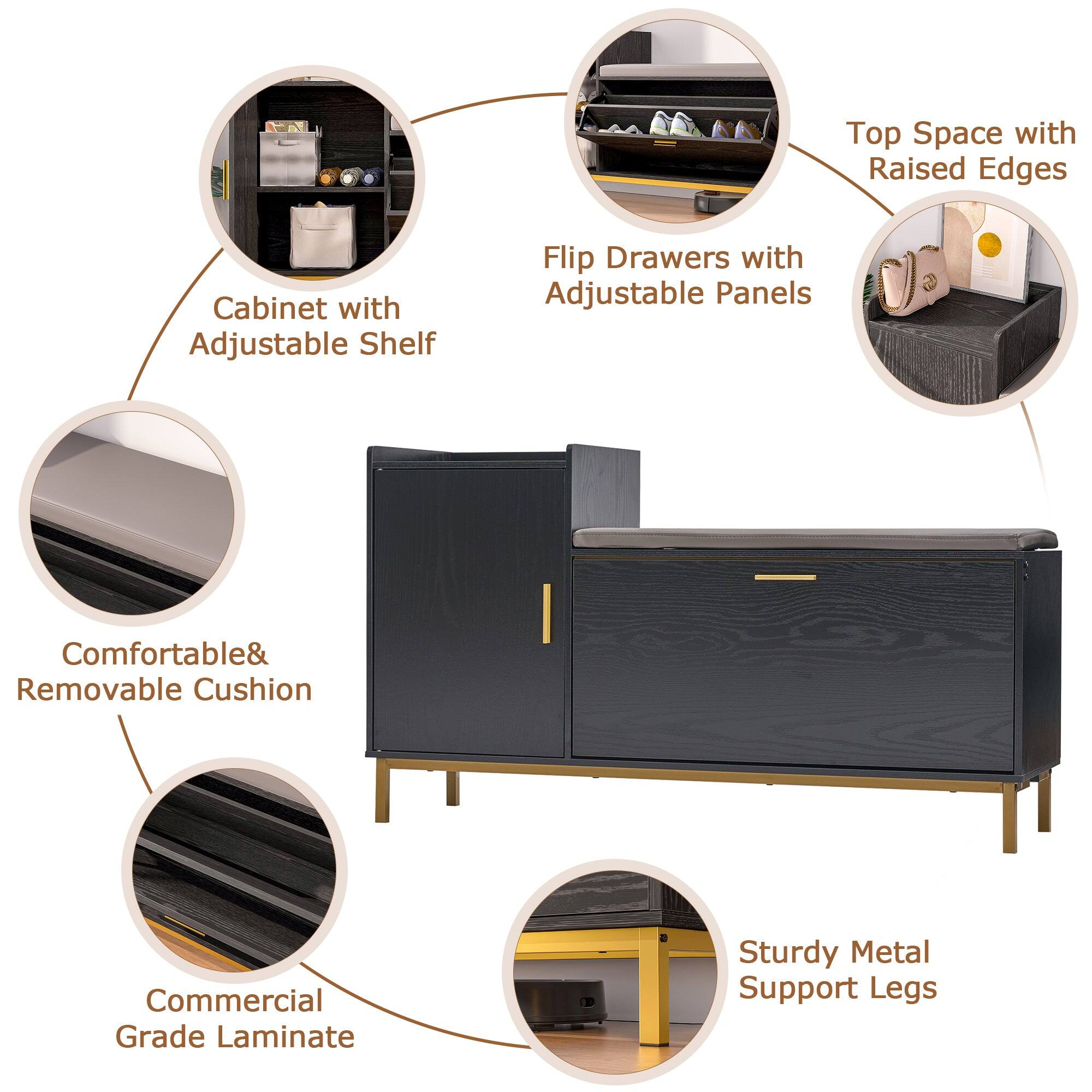 - Top Space with Raised Edges
- Cabinet with Adjustable Shelf
- Flip Drawers with Adjustable Panels
- Comfortable & Removable Cushion
- Commercial Grade Laminate
- Sturdy Metal Support Legs