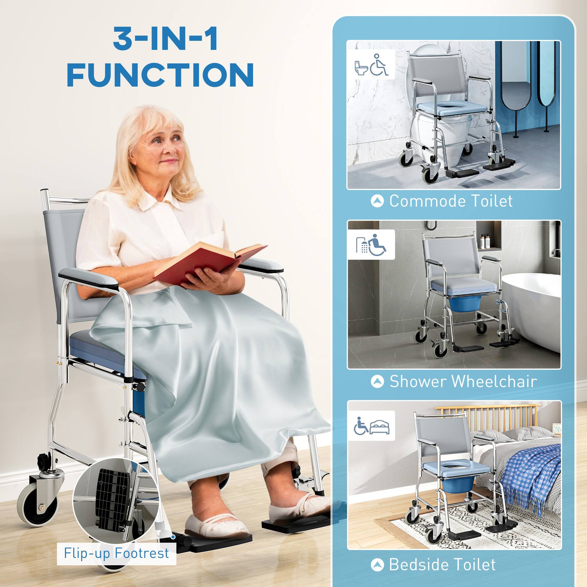 3-IN-1 FUNCTION

Commode Toilet
Shower Wheelchair
Bedside Toilet
Flip-up Footrest