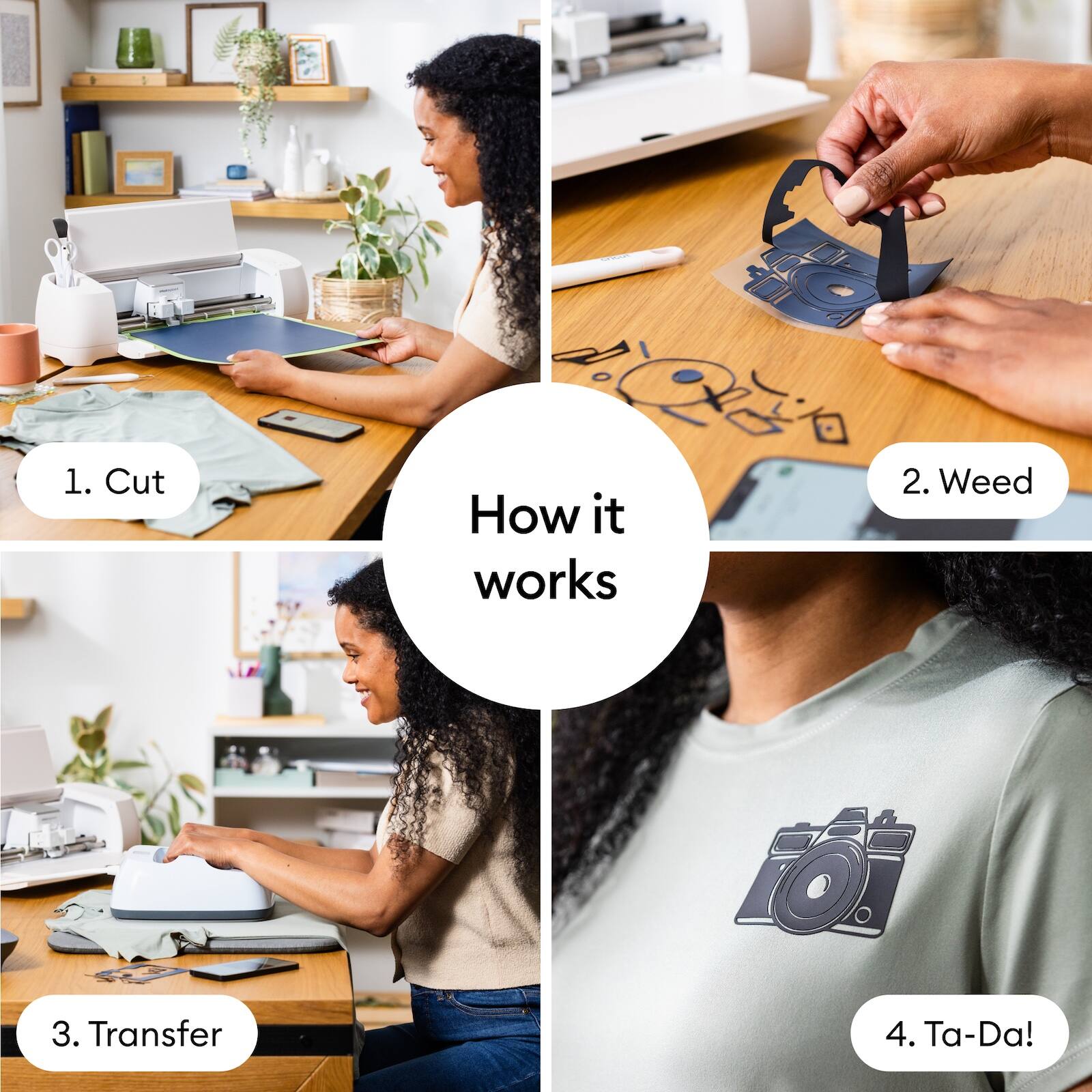 1. Cut  
2. Weed  
3. Transfer  
4. Ta-Da!  

How it works