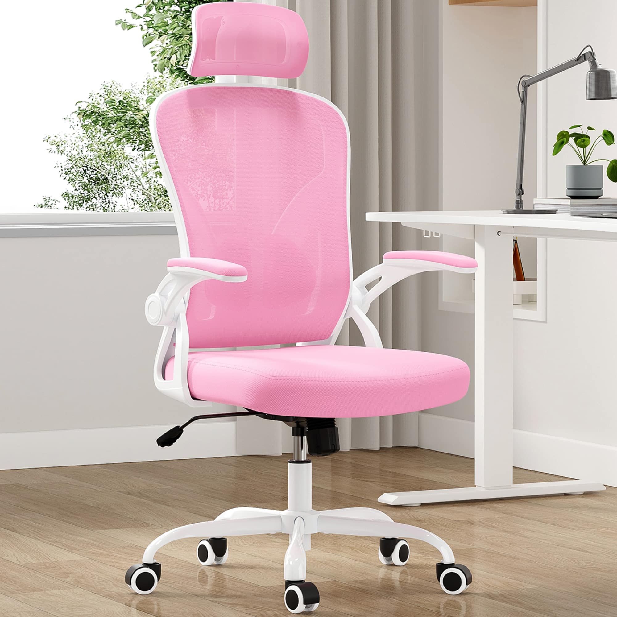 GOODSILO - Ergonomic High-Back Mesh Office Chair with Adjustable Lumbar Support and Flip-Up Armrests - Pink+White
