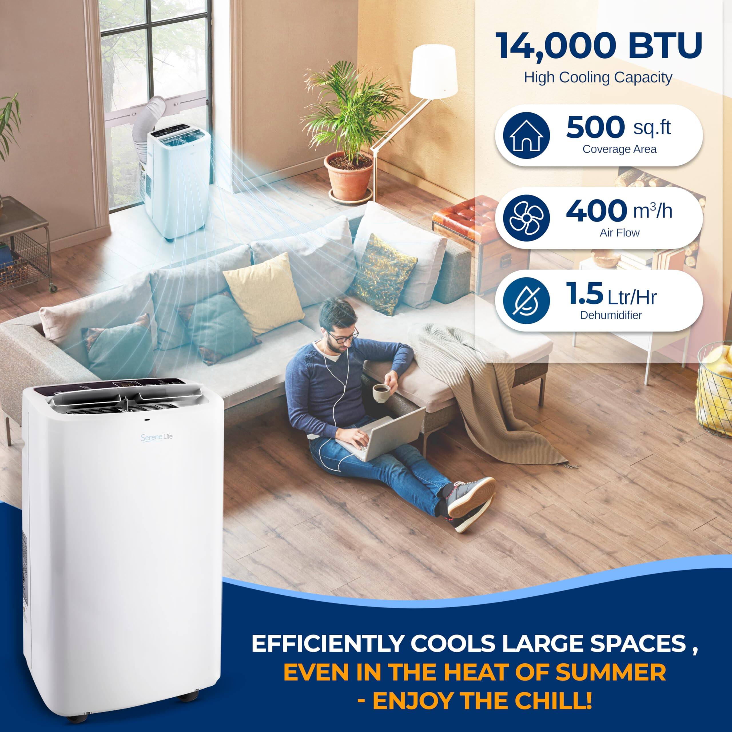14,000 BTU High Cooling Capacity  
500 sq.ft Coverage Area  
400 m³/h Air Flow  
1.5 Ltr/Hr Dehumidifier  

EFFICIENTLY COOLS LARGE SPACES, EVEN IN THE HEAT OF SUMMER - ENJOY THE CHILL!