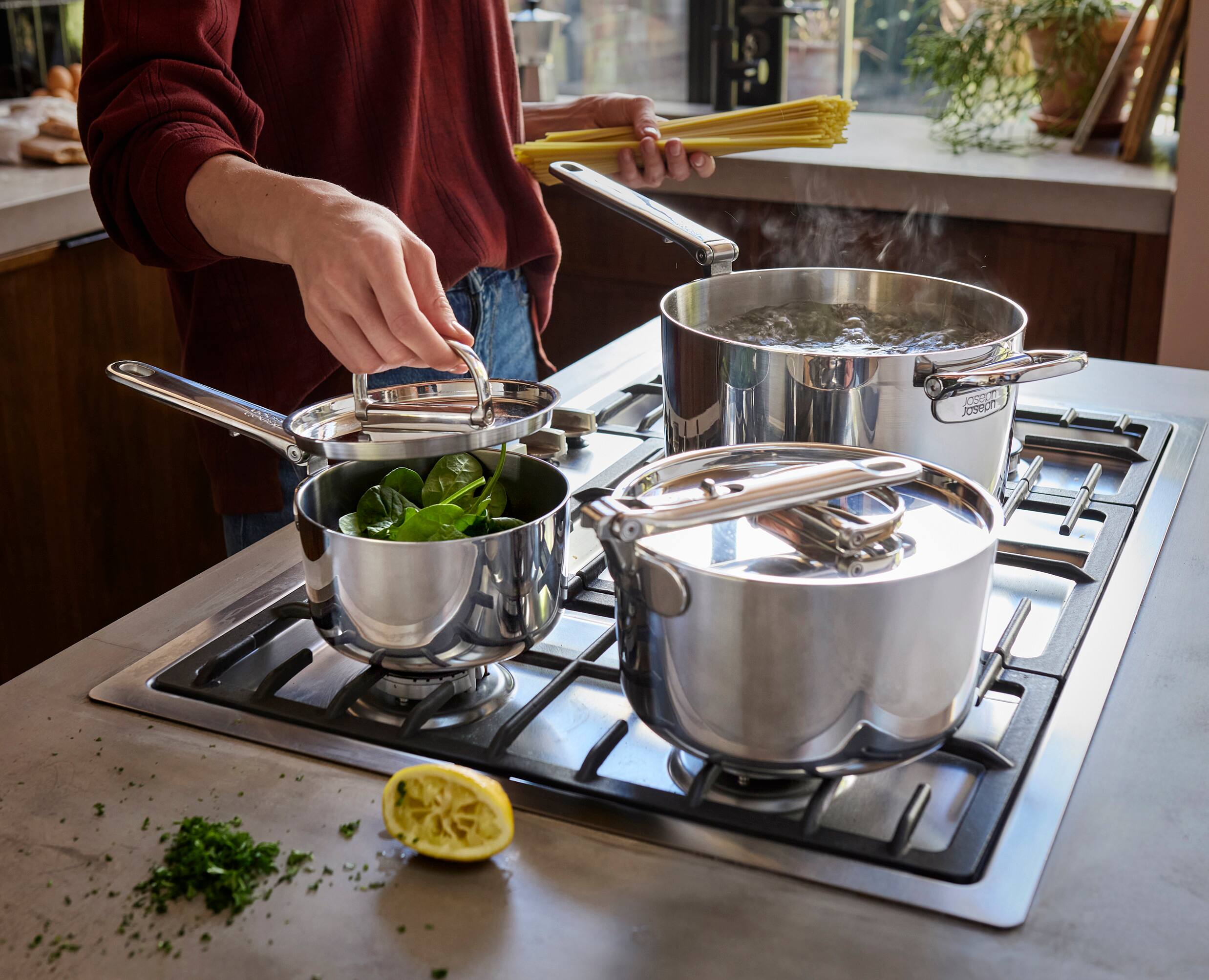 Alt View 2. Joseph Joseph - Space Steel 6-piece Stainless Steel Saucepan Set with Folding Handles - Stainless Steel.