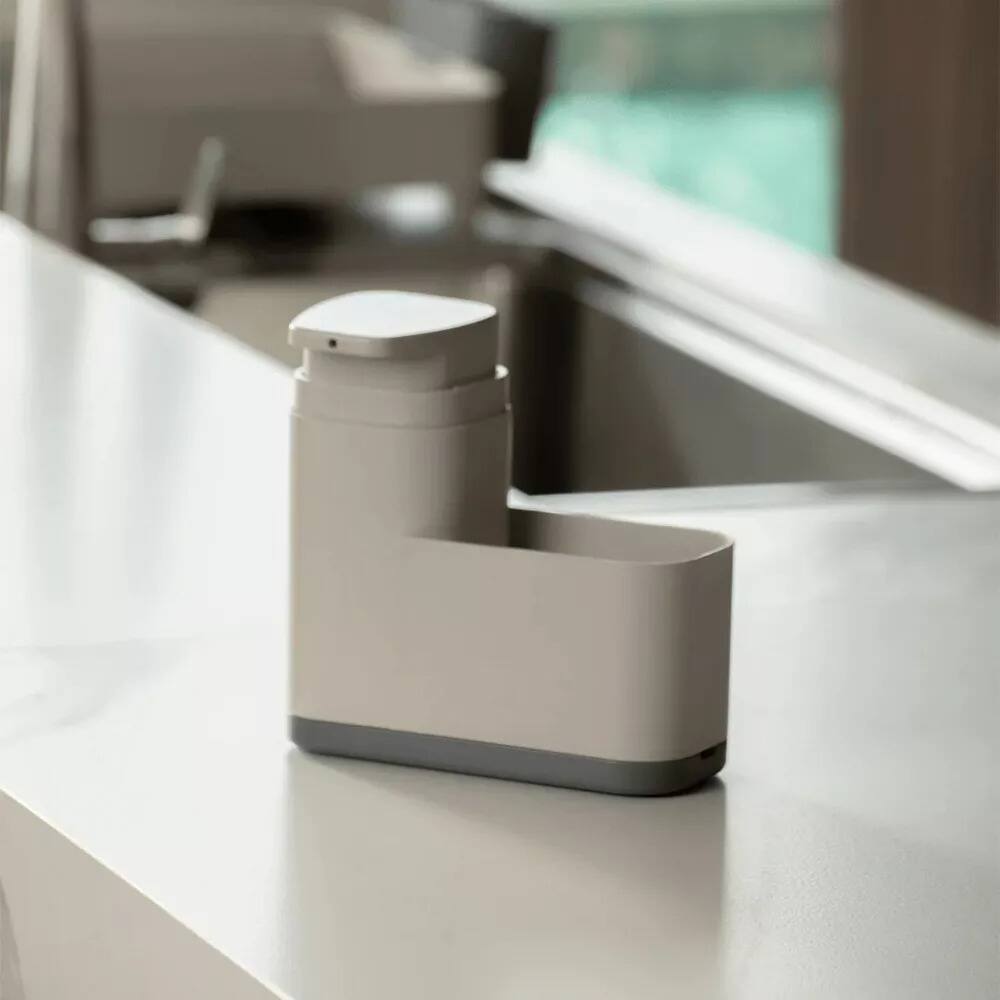 Left. OU - 19 oz Plastic Soap Dispenser with Extended Sponge Holder & Drip Tray Kitchen Sink Organizer - Beige.