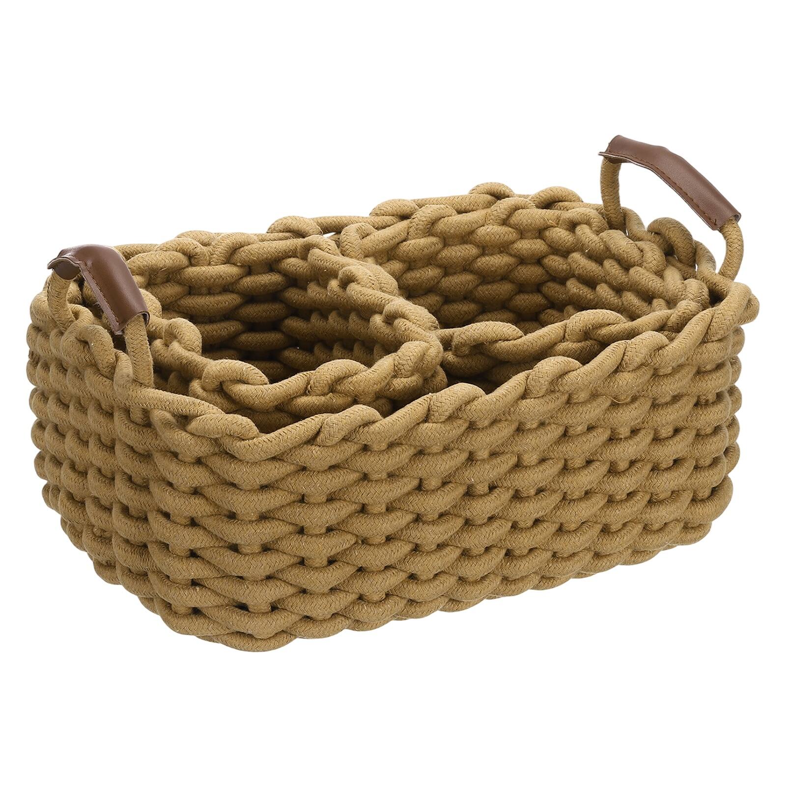 Unique Bargains - 3pcs Woven Basket Cotton Rope Storage Baskets with PU Handle, Gift Chest Box, for Shelf Organizing Home Decor Nursery - Khaki