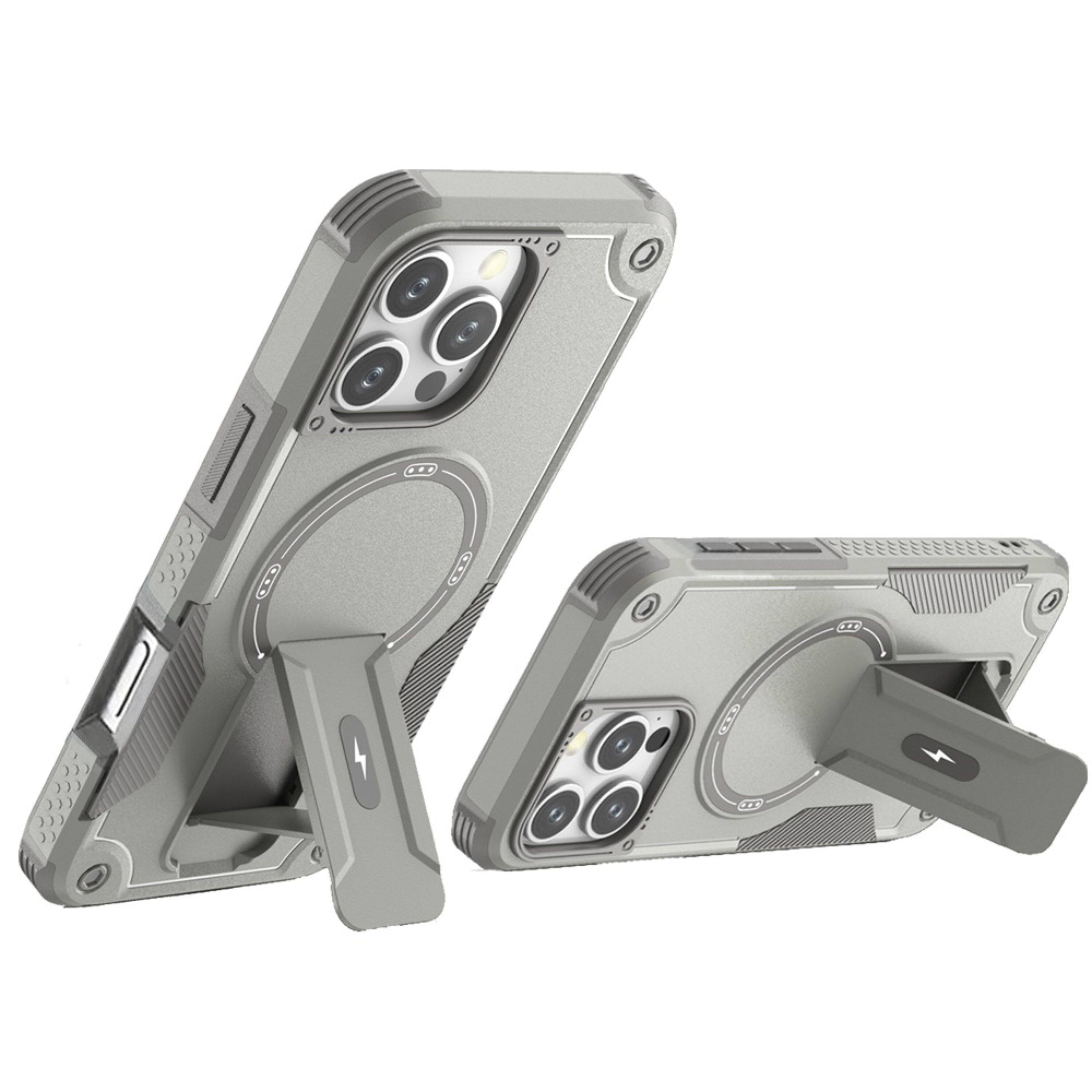 The image shows two gray phone cases with a rugged design, featuring multiple camera cutouts and a built-in stand.