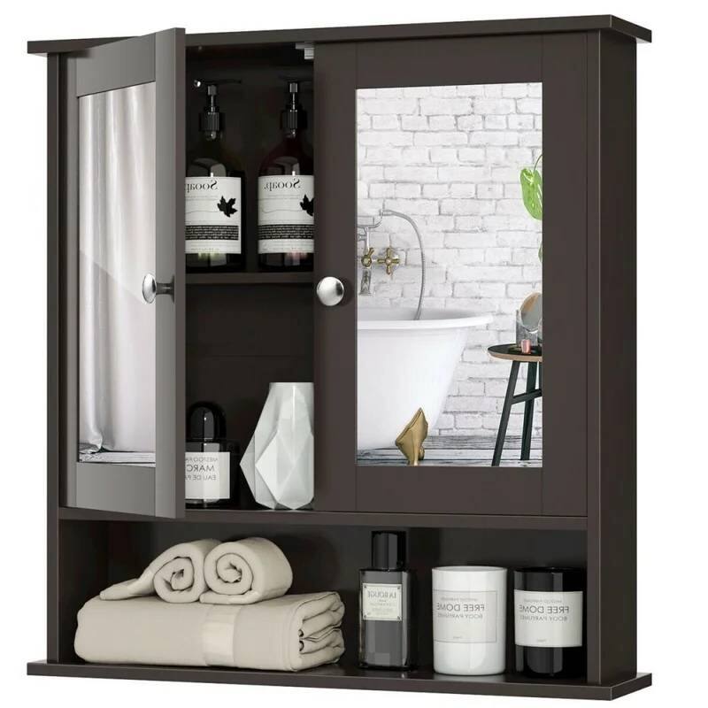 Hivvago - Wooden Bathroom Wall / Medicine Cabinet with Mirrored Doors and Shelf - Brown