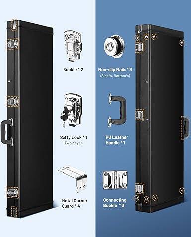 Buckle *2  
Non-slip Nails *8 (Side*4, Bottom*4)  
Safety Lock *1 (Two Keys)  
PU Leather Handle *1  
Metal Corner Guard *4  
Connecting Buckle *3