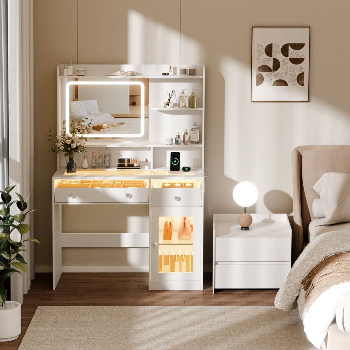 Alt View 4. Furnulem - Vanity Desk with Mirror and Lights Makeup Vanity with Drawer - White.