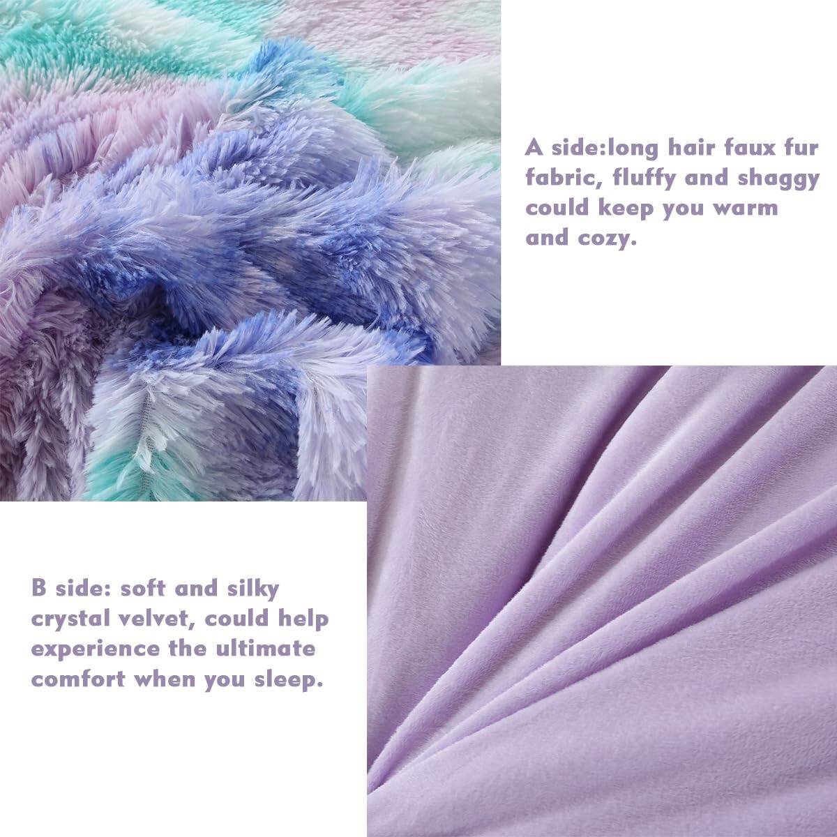 A side: long hair faux fur fabric, fluffy and shaggy could keep you warm and cozy.

B side: soft and silky crystal velvet, could help experience the ultimate comfort when you sleep.