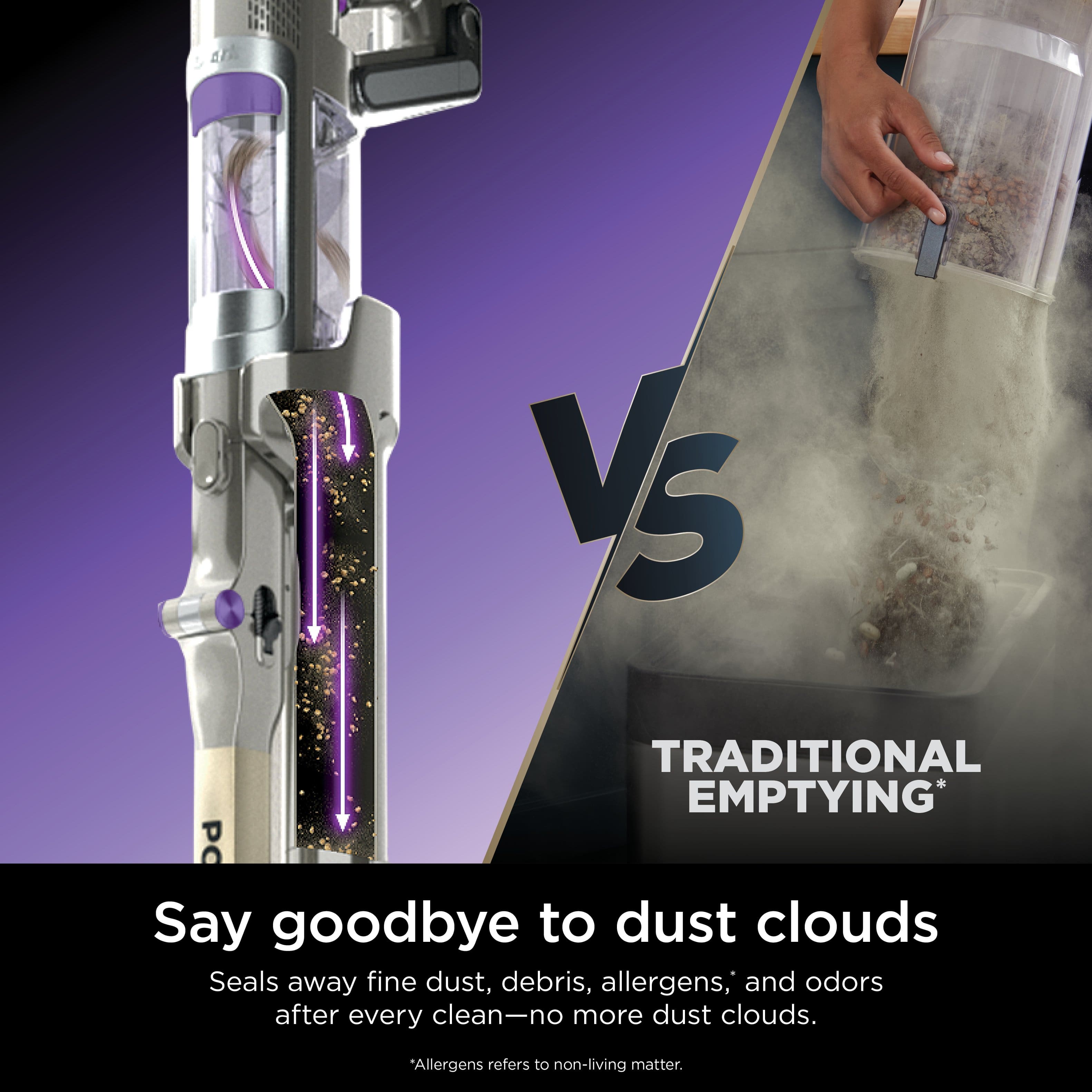 V5 Traditional Emptying* PC Say goodbye to dust clouds Seals away fine dust, debris, allergens, and odors after every clean-no more dust clouds.