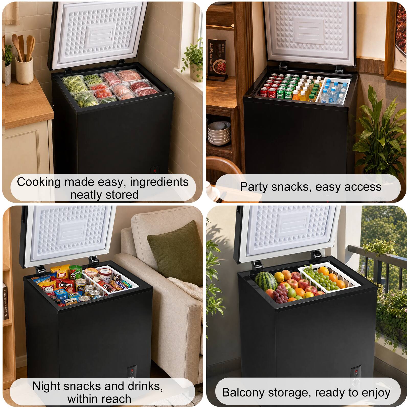 Cooking made easy, ingredients neatly stored  
Party snacks, easy access  
Night snacks and drinks, within reach  
Balcony storage, ready to enjoy