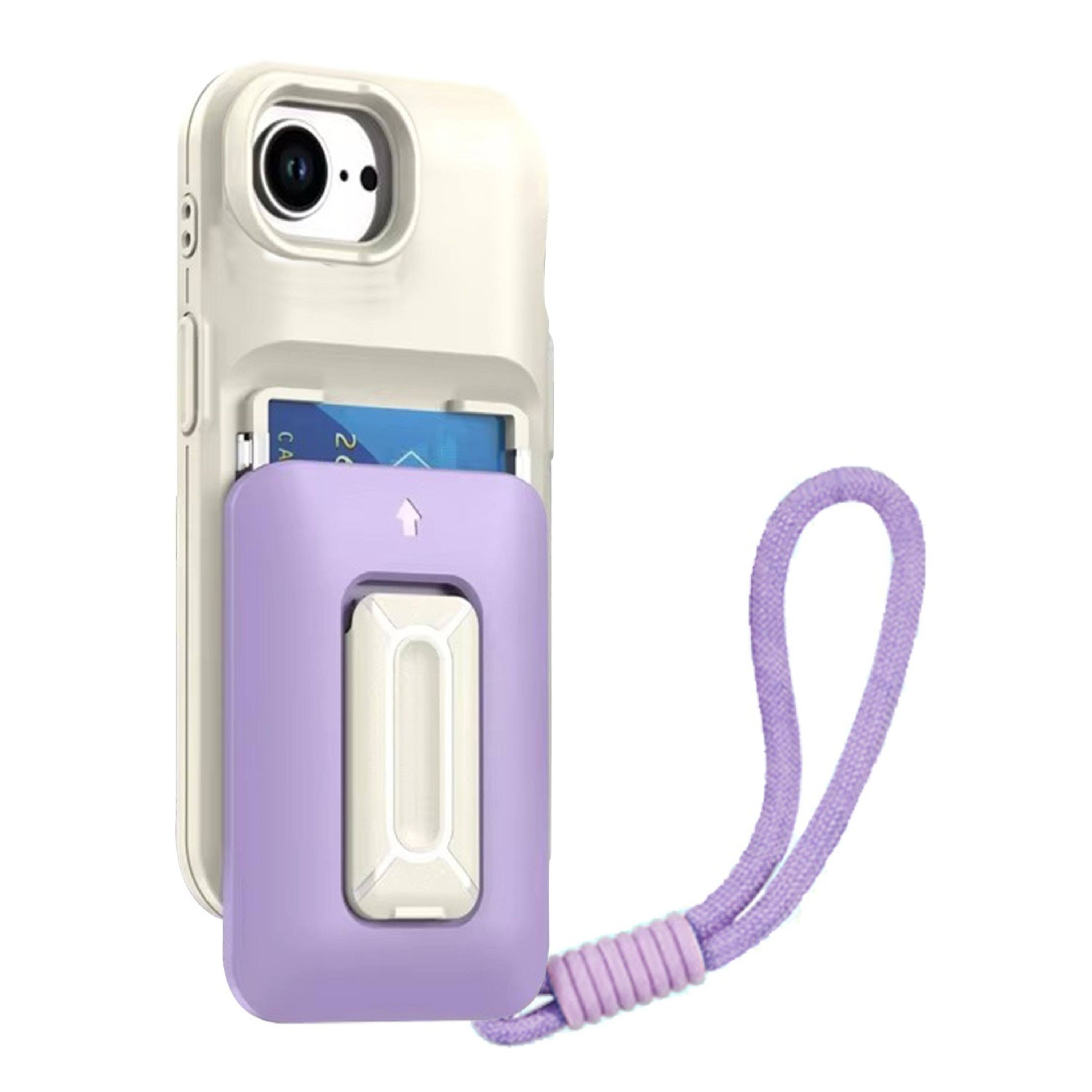 Angle. Kitcheniva - Matte Finish Phone Case With Card Holder Kickstand Strap Tempered Glass For iPhone 16e/17e Beige Light Purple - Beige Light Purple.