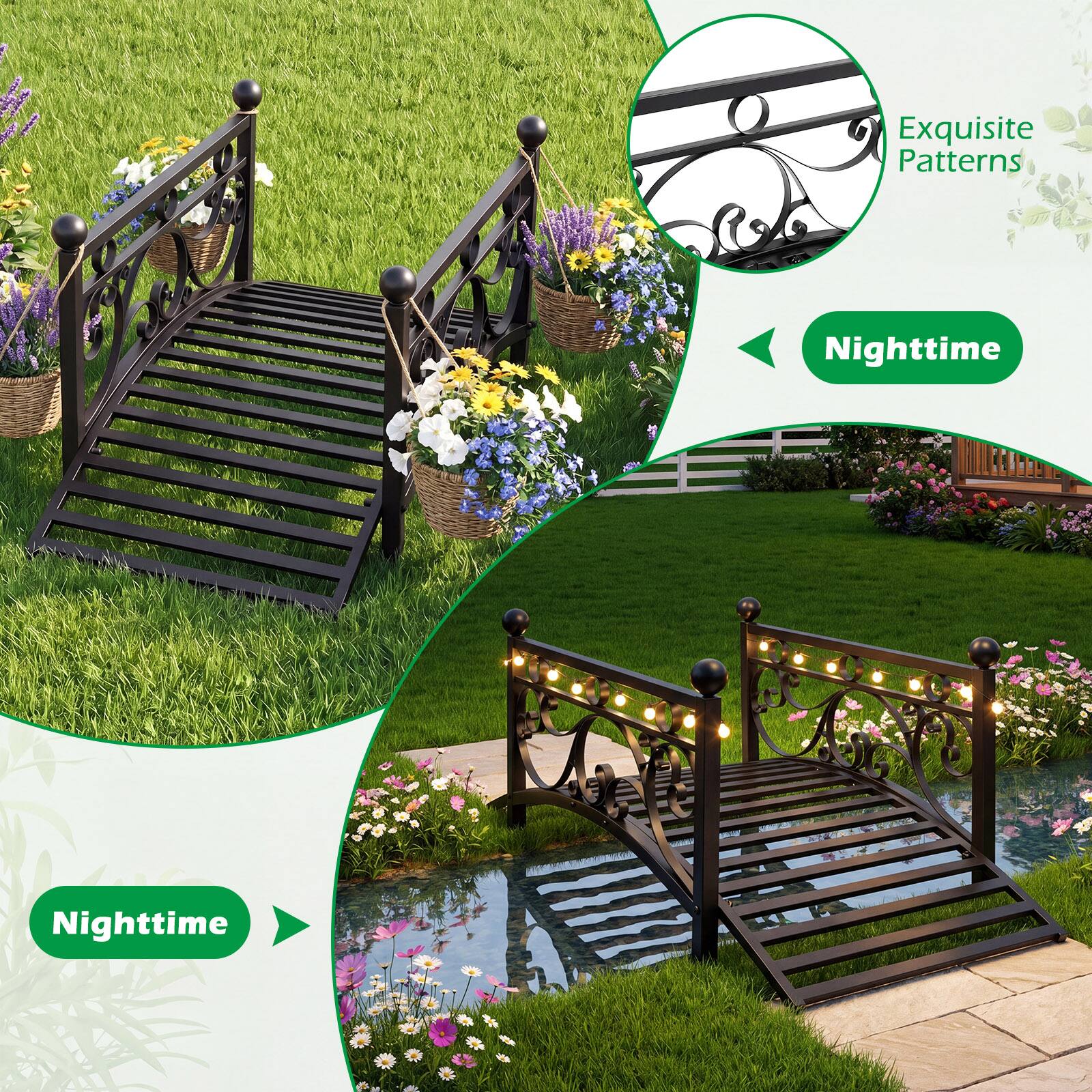 Gymax 3.3 ft Garden Metal Bridge Outdoor Arched Bridge w/Dual Patterned ...