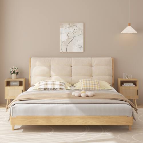 Left. LUCKY ONE - 22.83" Assembled Rattan Nightstand with Door Open Shelf Solid Wood Legs - Oak.