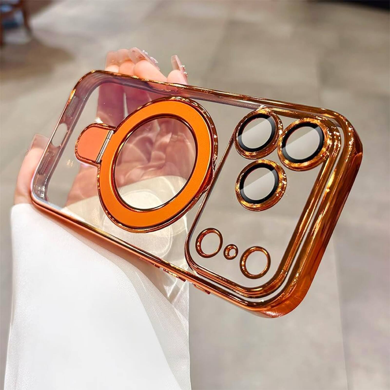 Left. UUCOVER - Magnetic Case for iPhone 18 Pro Max,Shockproof TPU+PC Clear Case Ring Stand Compatible with MagSafe Camera Lens Cover - Orange.