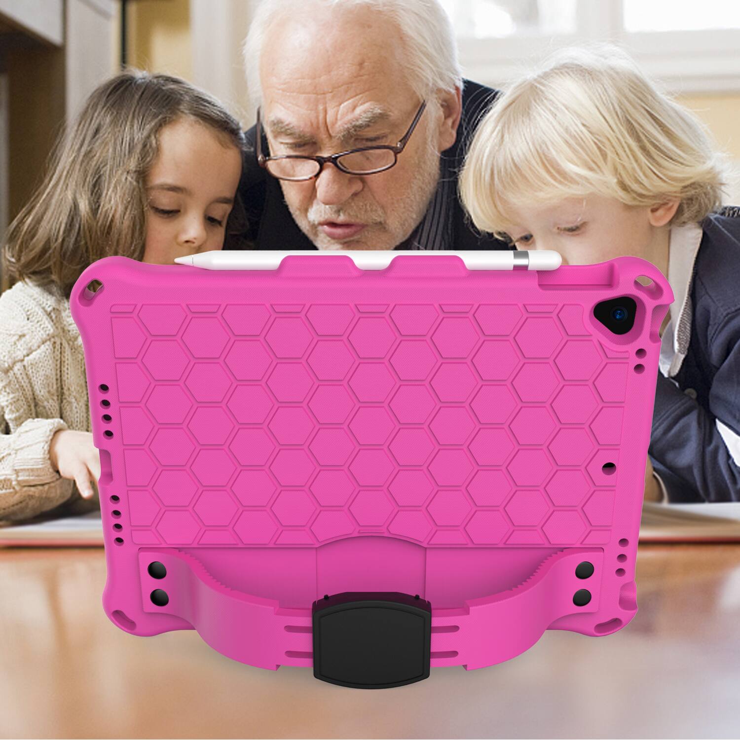 Alt View 1. UUCOVER - Kids Case for iPad 9th 8th 7th Gen 10.2-inch (2021/2020/2019) Shockproof EVA+TPU Stand Cover with Shoulder Strap - Rose.