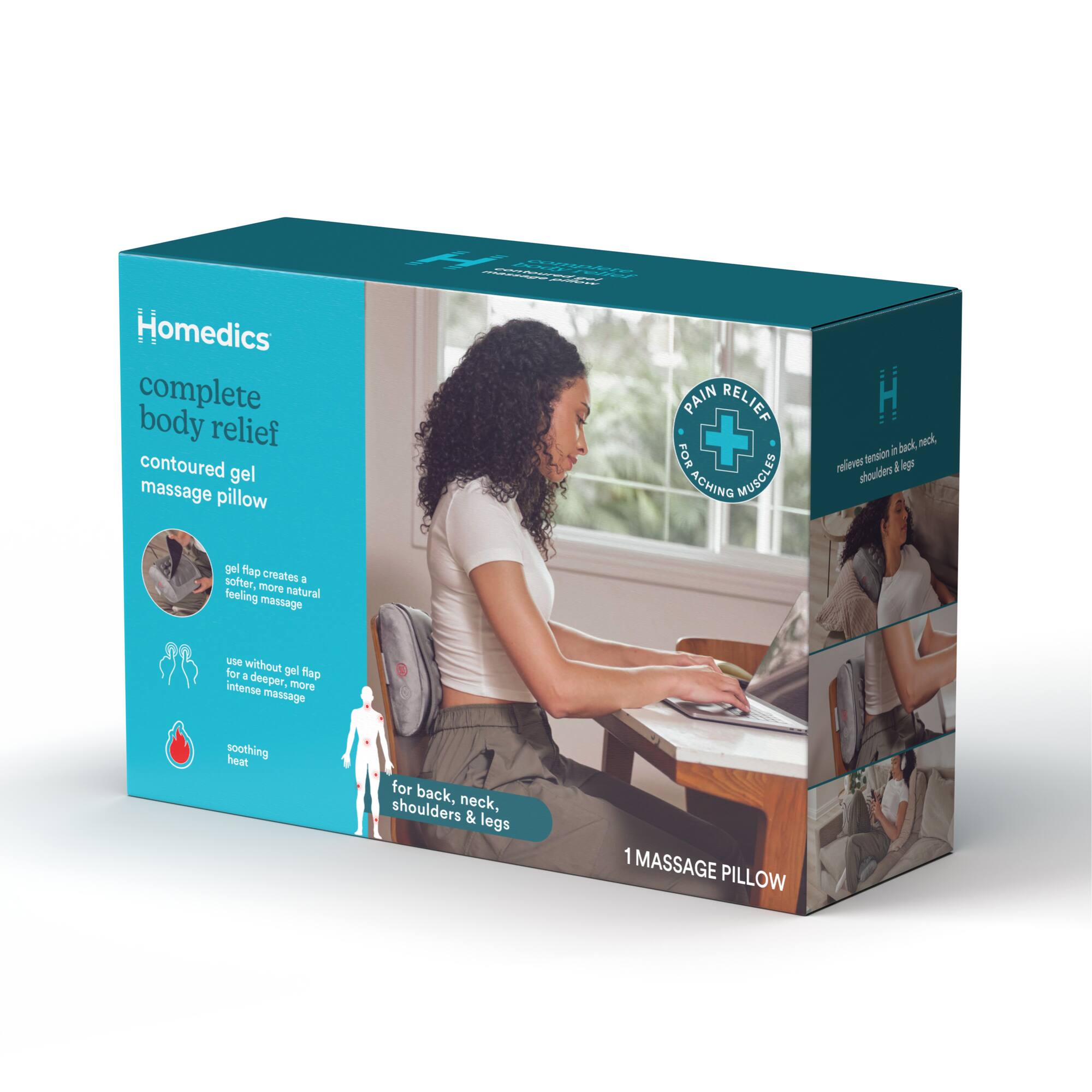 Homedics Complete Body Relief Contoured Gel Massage Pillow is a pain relief solution for aching muscles in the back, shoulders, and legs. The gel massage pillow creates a soothing, more natural massage experience without the need for intense pressure. The contoured design of the pillow provides a deeper, more satisfying massage, making it an ideal choice for those seeking relief from muscle pain and discomfort.