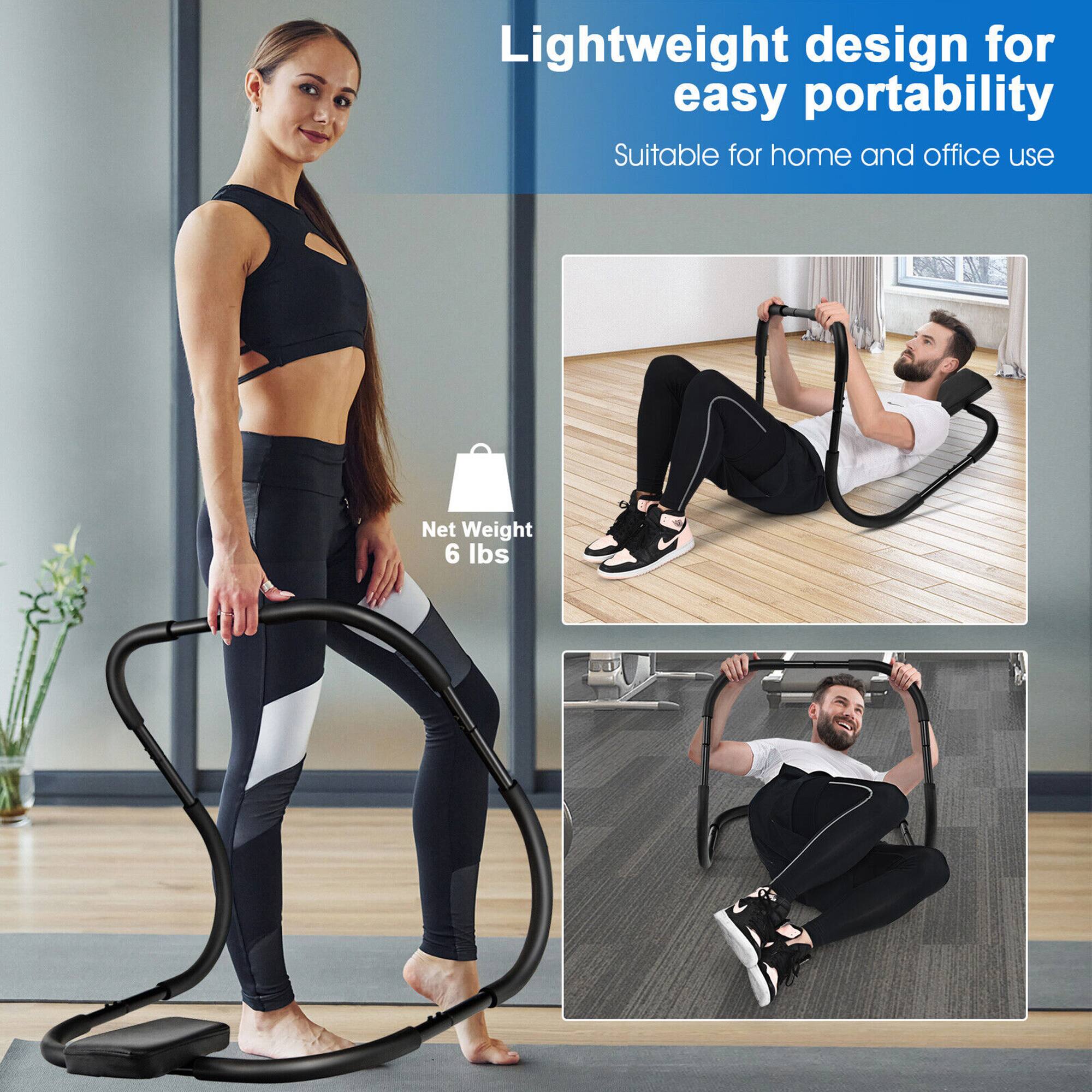 The image features a woman wearing a black shirt and leggings, holding a black and gray exercise machine. The machine is designed for easy portability and is suitable for use at home or in the office. The net weight of the machine is 6 lbs.