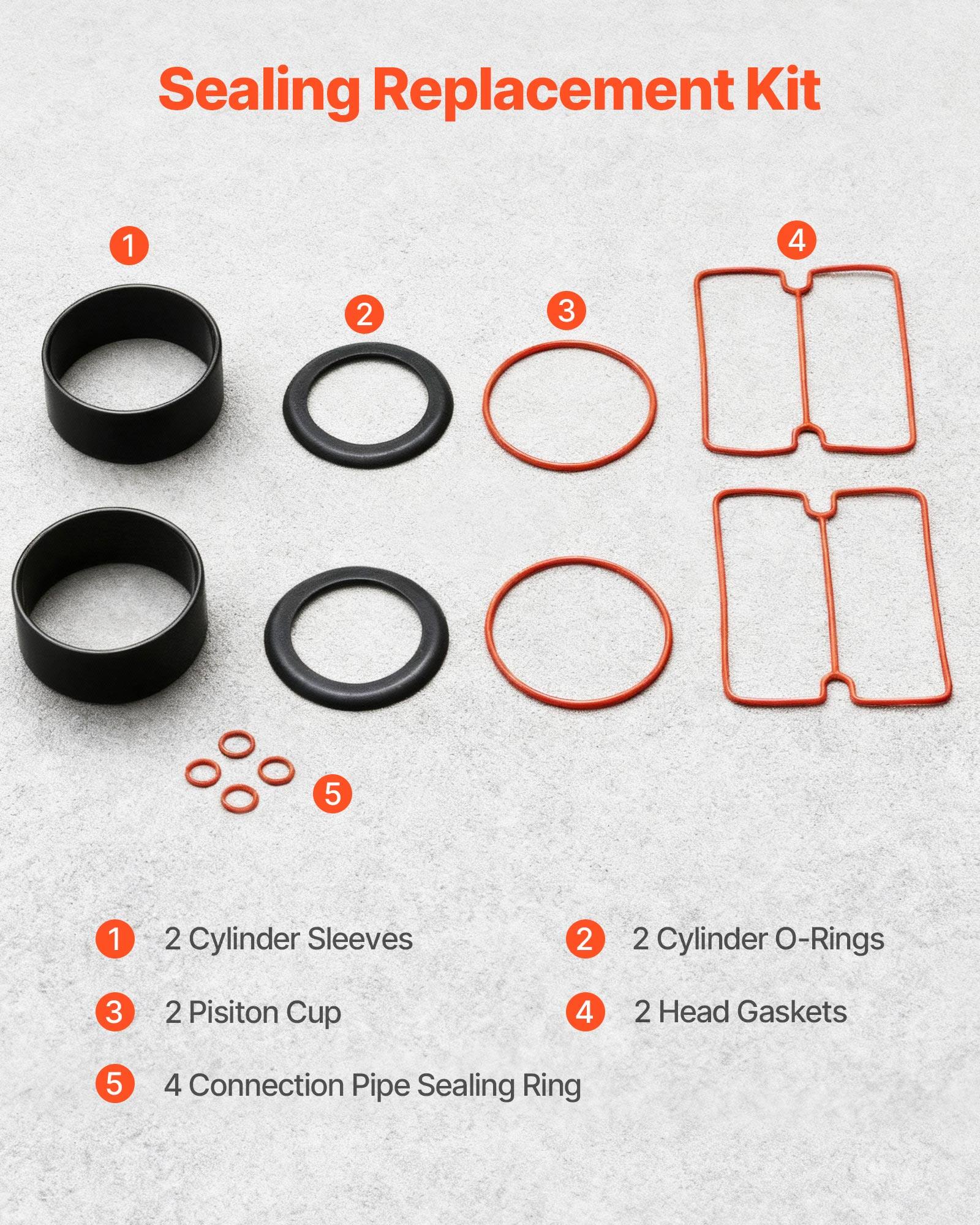 Sealing Replacement Kit

1. 2 Cylinder Sleeves
2. 2 Cylinder O-Rings
3. 2 Piston Cup
4. 2 Head Gaskets
5. 4 Connection Pipe Sealing Ring