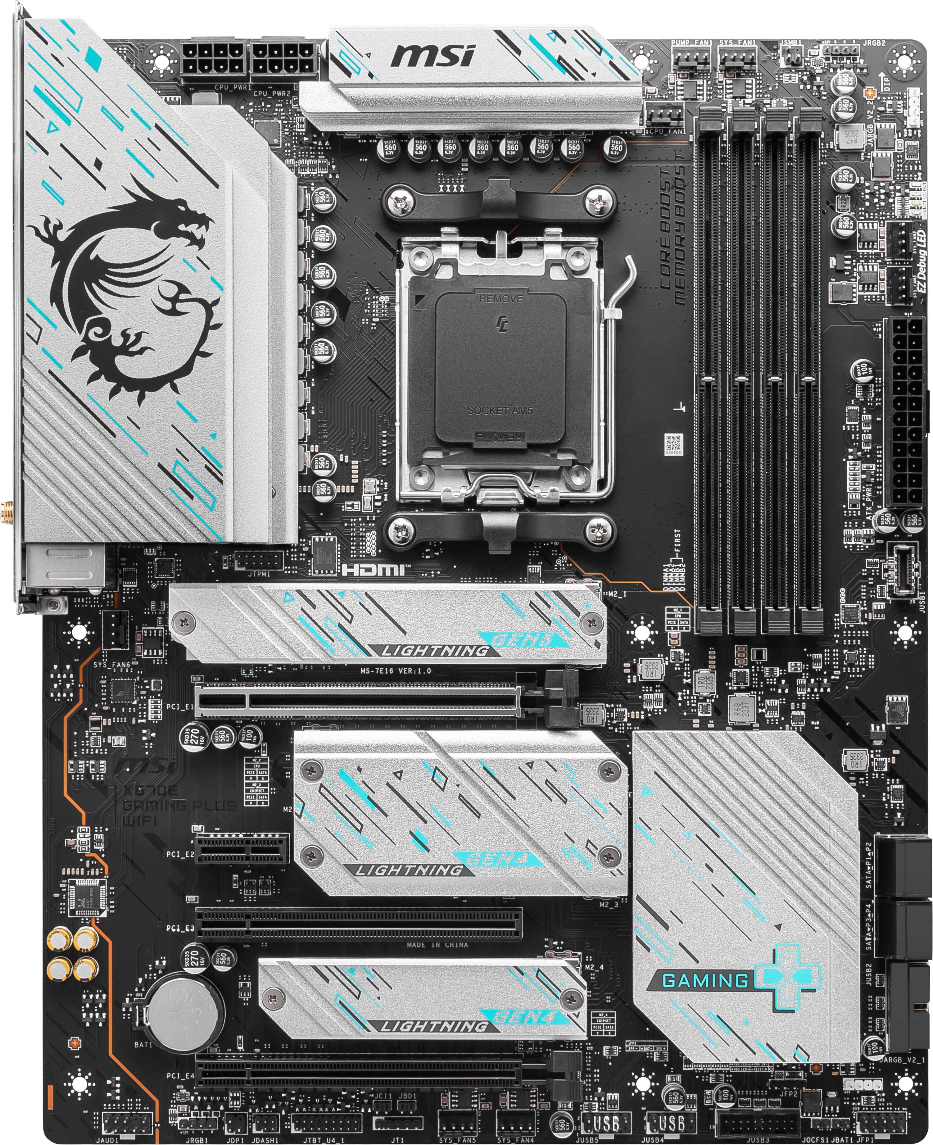 The image features a computer motherboard with various components, including a CPU, RAM, and a graphics card. The motherboard is made by MSI, and it has a gaming theme. The components are arranged in a way that showcases the different parts of the motherboard, such as the CPU, RAM, and graphics card. The overall design of the motherboard is visually appealing and highlights the different features and capabilities of the computer.