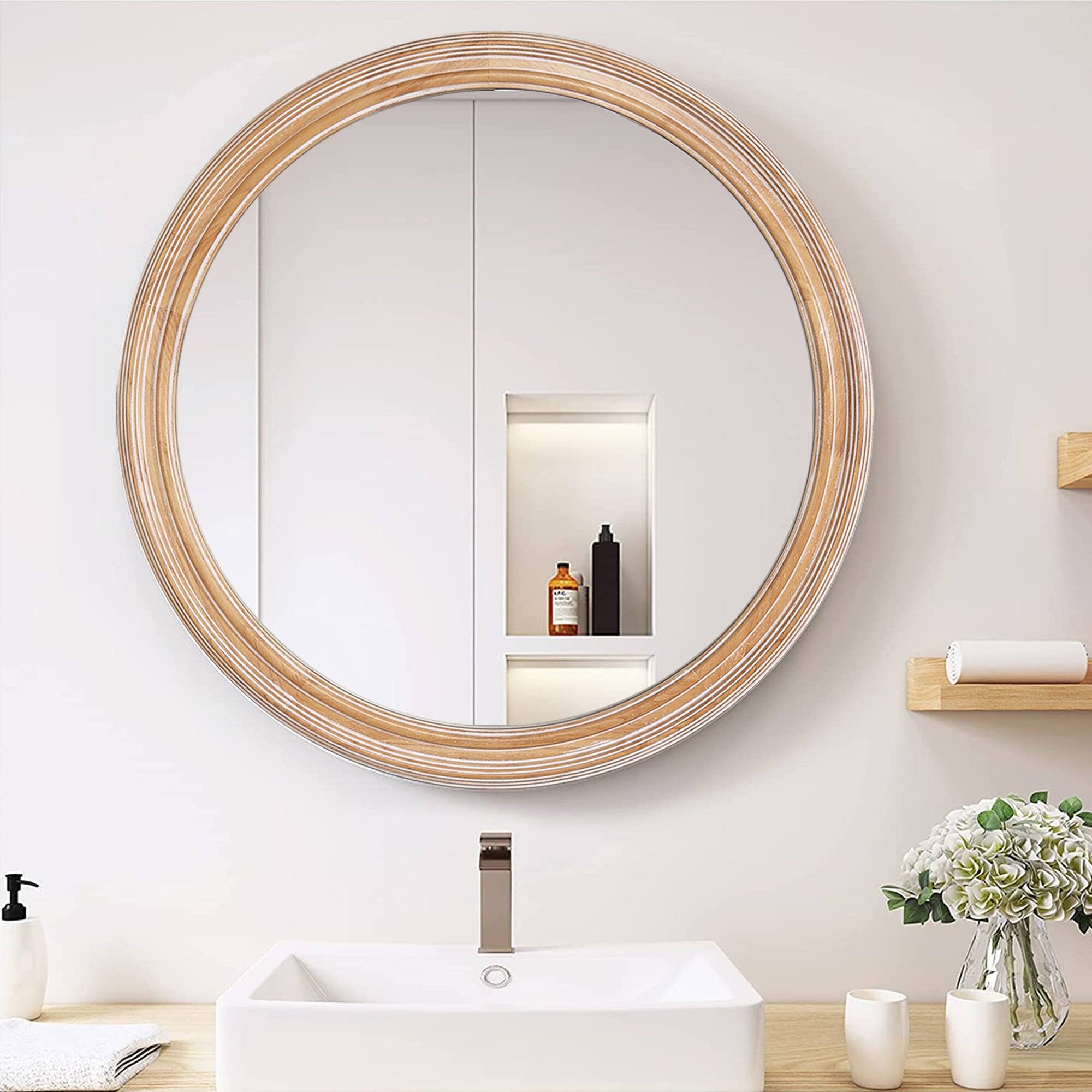 Alt View 2. BreeBe - 23.62" Round Wood Framed Wall Mirror with Ribbed Detail, Natural Wooden Circle, Coastal Farmhouse Decor for Home - Natural Wood.