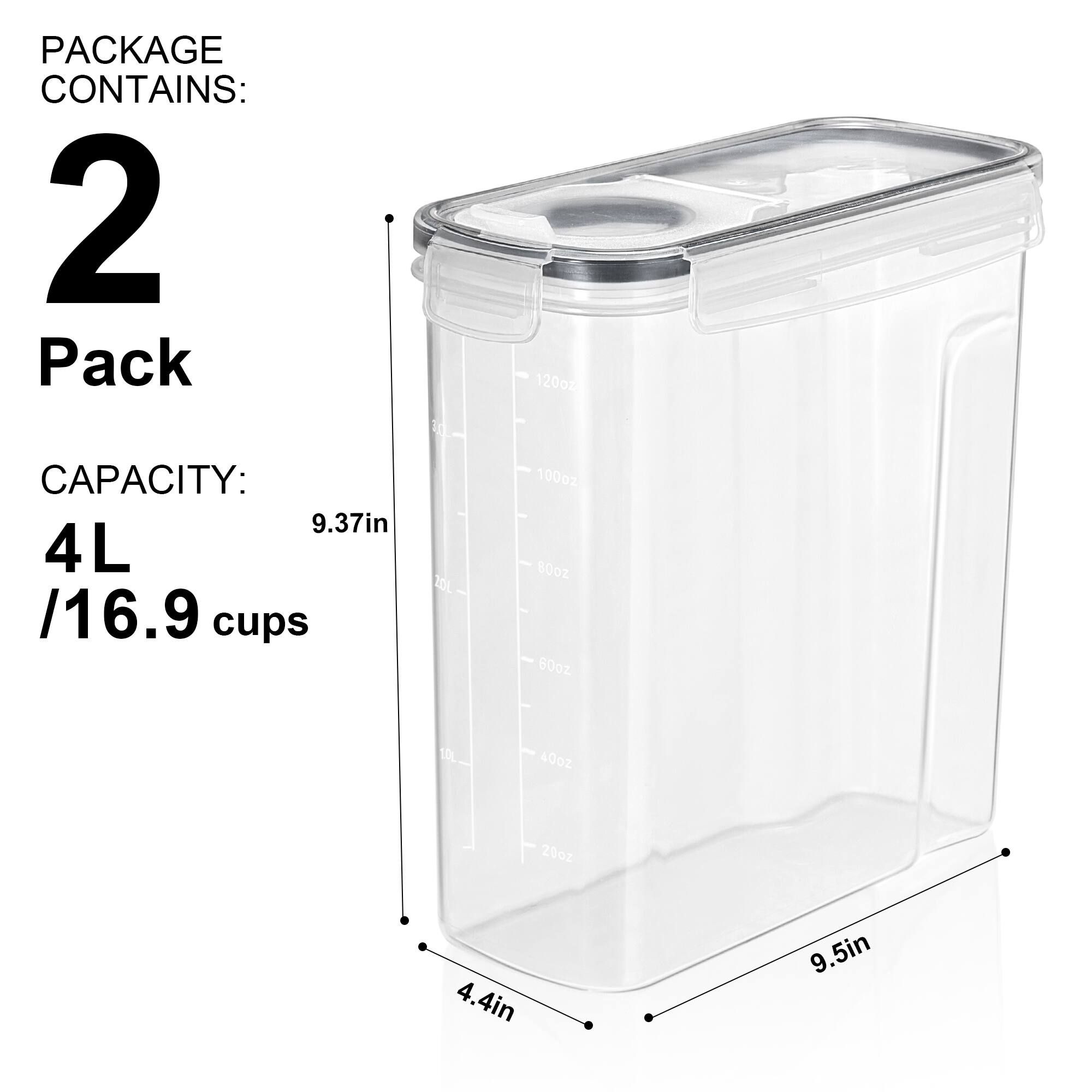 PACKAGE CONTAINS:  
2 Pack  

CAPACITY:  
4L / 16.9 cups  

Dimensions:  
Height: 9.37in  
Width: 9.5in  
Depth: 4.4in