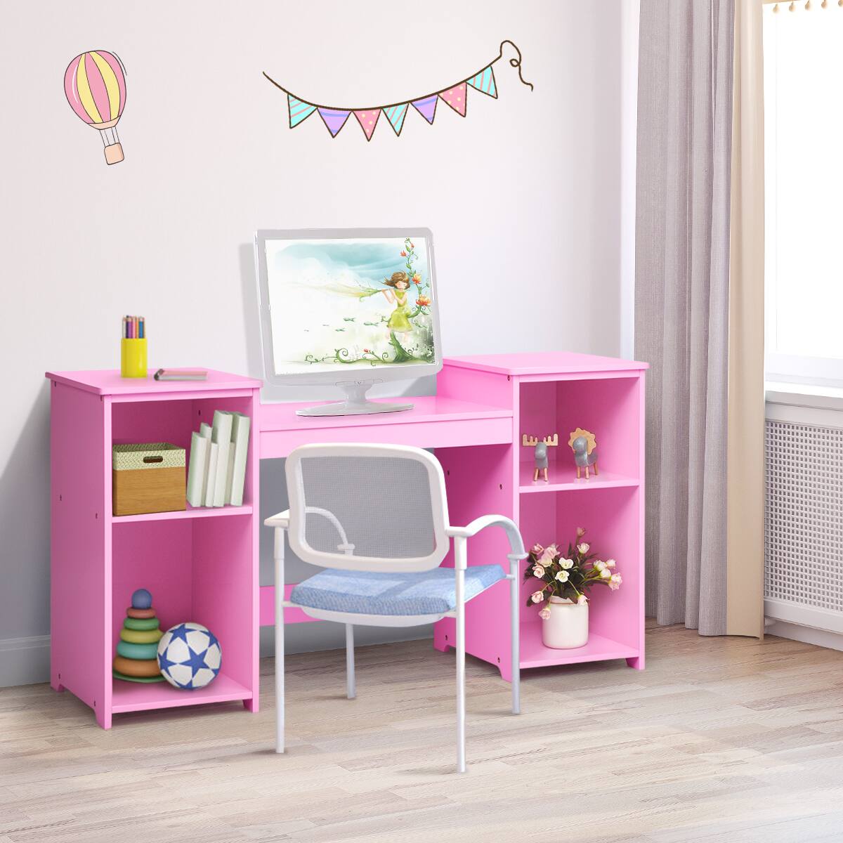Alt View 4. Costway - Costway Vanity Table Set Makeup Dressing Kids Girls Study Table Tri Folding Mirror - Pink.