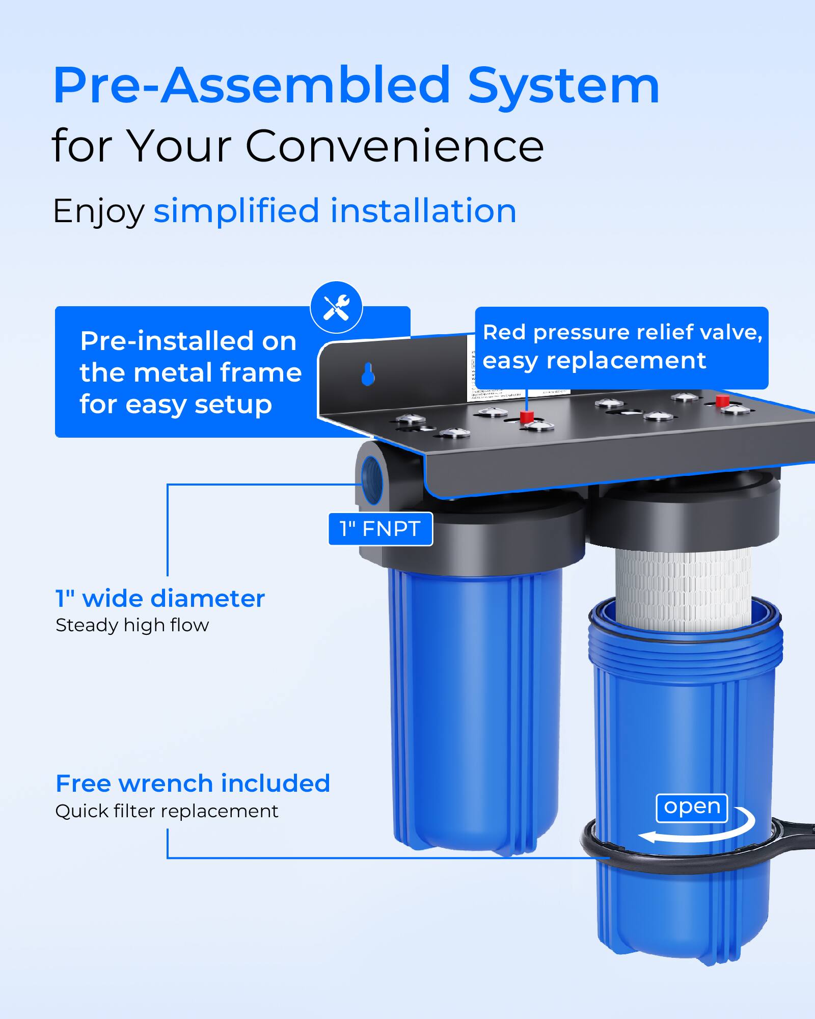 Pre-Assembled System for Your Convenience  
Enjoy simplified installation  

- Pre-installed on the metal frame for easy setup  
- Red pressure relief valve, easy replacement  
- 1" FNPT  
- 1" wide diameter, Steady high flow  
- Free wrench included, Quick filter replacement