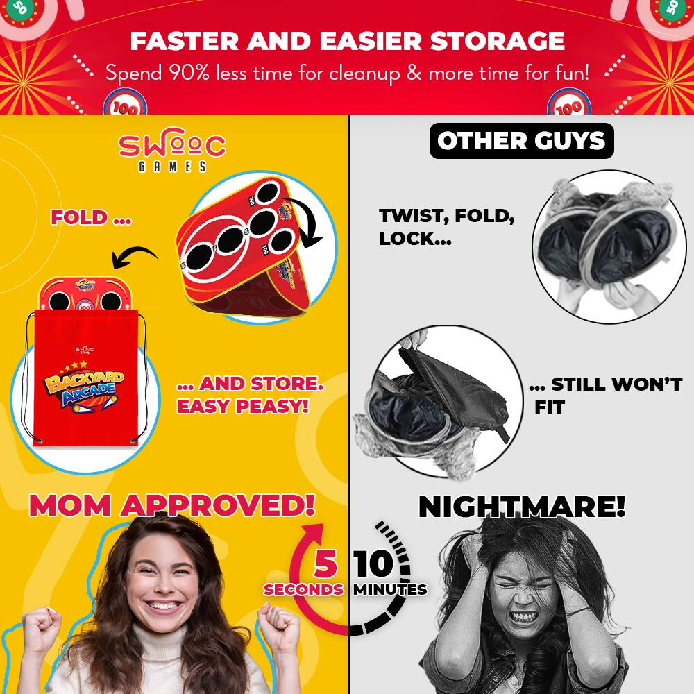 FASTER AND EASIER STORAGE  
Spend 90% less time for cleanup & more time for fun!  

SWC GAMES  
FOLD ...  
... AND STORE. EASY PEASY!  
MOM APPROVED!  
5 SECONDS  

OTHER GUYS  
TWIST, FOLD, LOCK...  
... STILL WON'T FIT  
NIGHTMARE!  
10 MINUTES