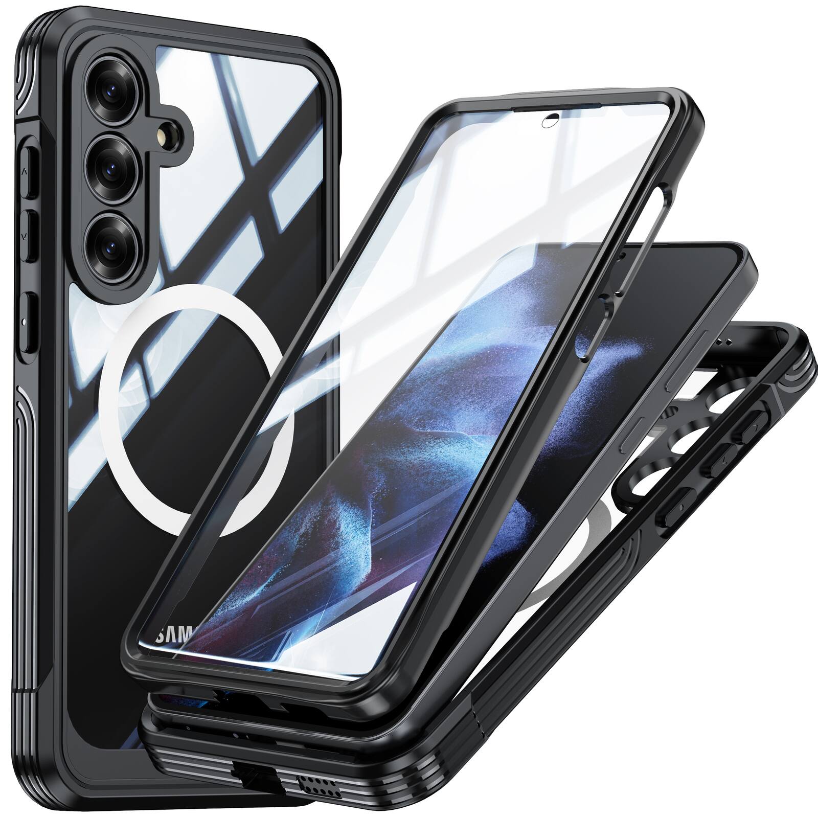 Front. UUCOVER - For Samsung Galaxy S25 FE Magnetic Case with Clear Screen Protector, MagSafe Compatible Full Body Shockproof Phone Cover - Black.